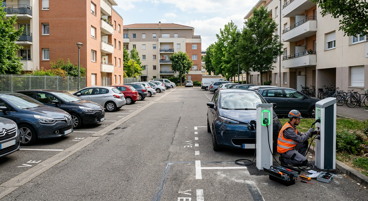 Borne de recharge électrique IRVE en cours d'installation dans un parking collectif d'immeuble résidentiel, avec un véhicule électrique branché.