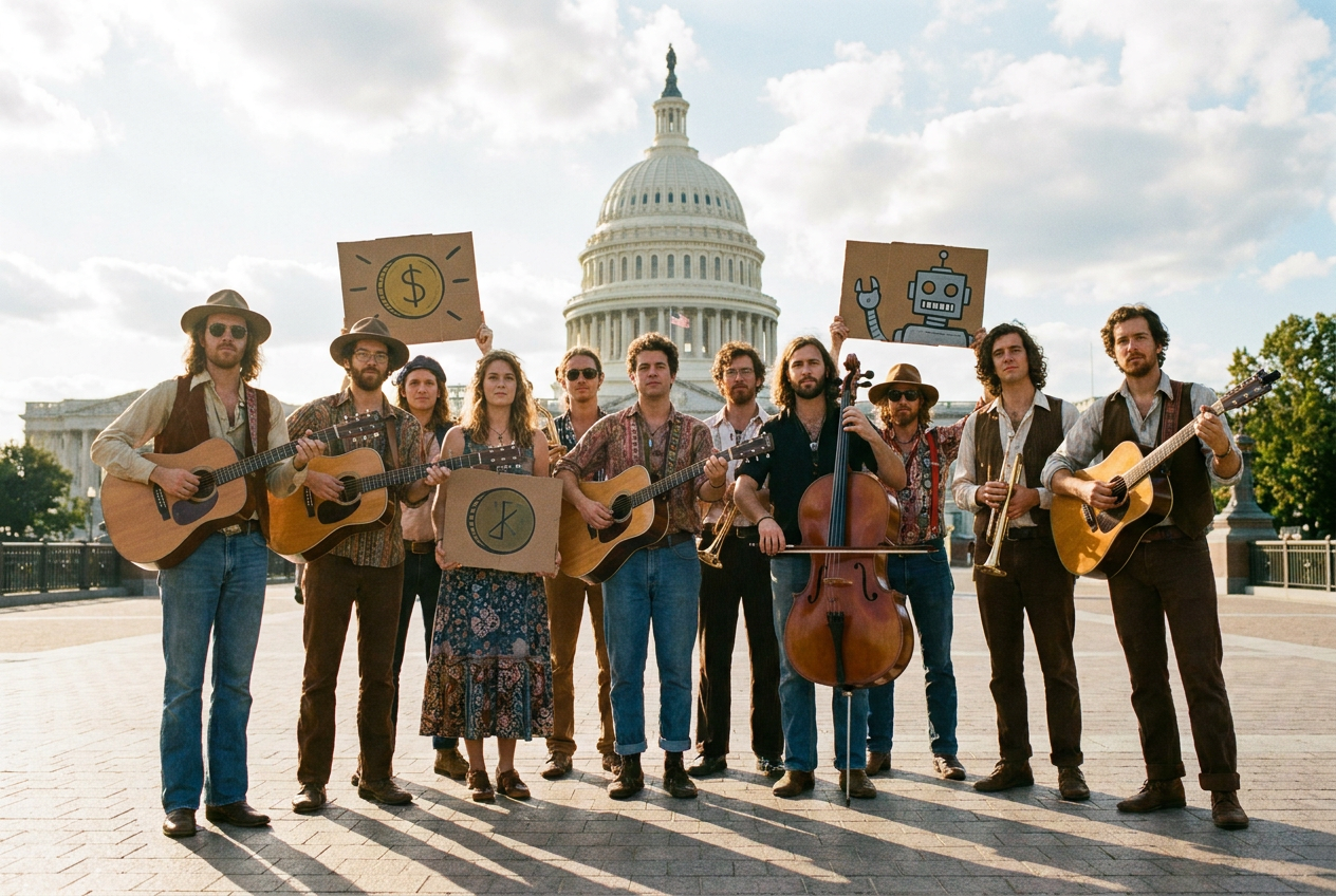 A diverse group of independent musicians standing together in front of the U.S. Capitol building, holding instruments and looking determined. Some carry protest signs about fair pay and AI rights. The scene is sunny and hopeful, with the Capitol dome gleaming in the background.