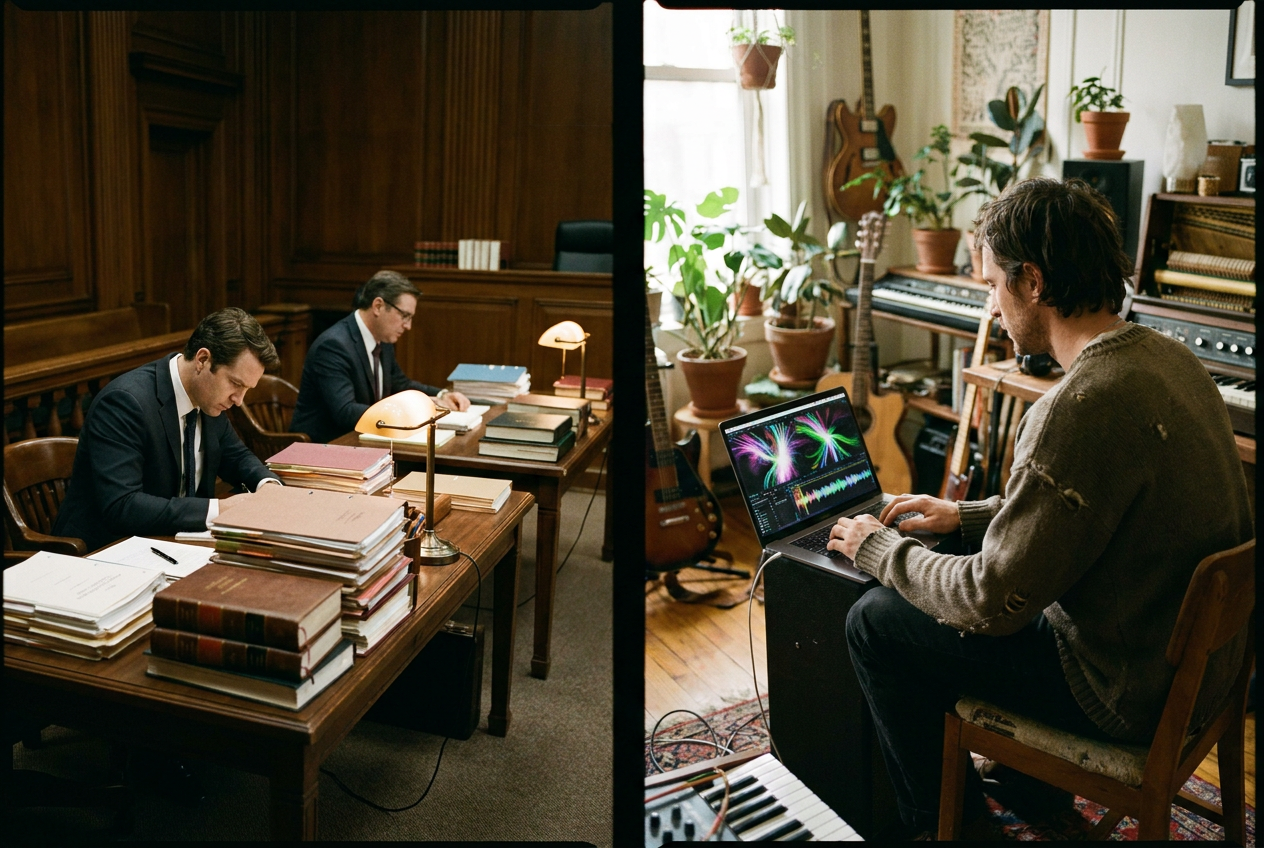 A split-screen scene showing two contrasting worlds. On the left, a courtroom with lawyers surrounded by stacks of papers and legal documents. On the right, a musician in a cozy home studio, using a laptop to create an AI music video with colorful visual effects glowing on the screen. The contrast between legal complexity and creative simplicity is stark.