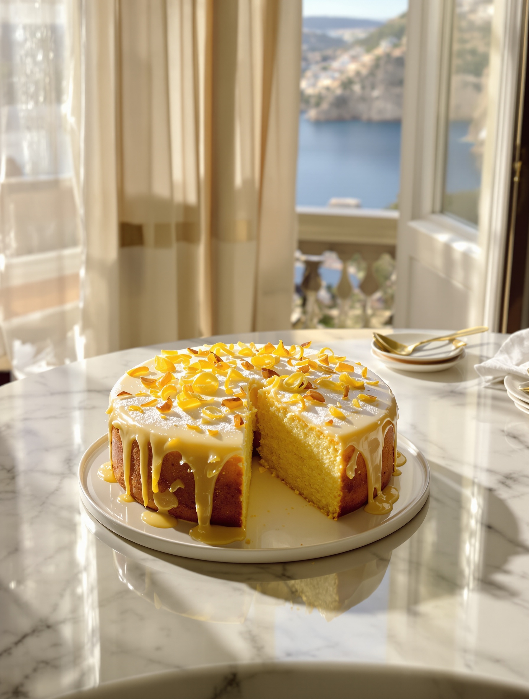 A glistening Italian lemon-drizzle cake on sunlit Carrara marble by an open coastal window evokes the warm, golden, mouthwatering sweetness of Lira by Casamorati.