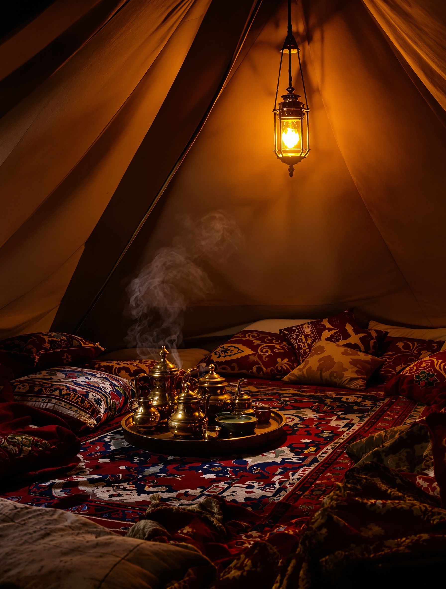 A lantern-lit Bedouin majlis interior at night, evoking the intimate warmth and ancient ceremonial depth of Al Majmua by Areej Le Doré.