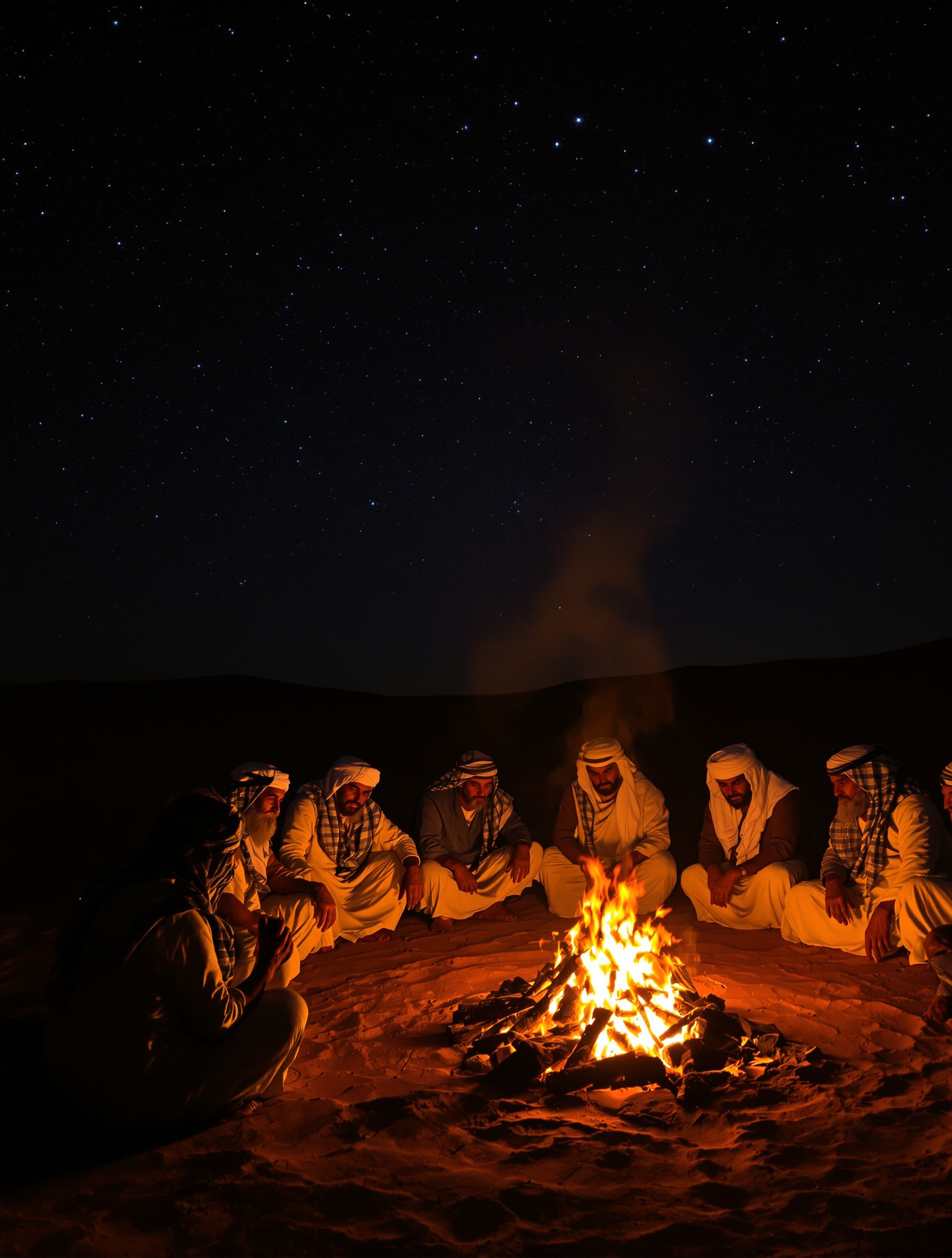 Robed Bedouin men gathered around a fire under a star-dense desert sky, their firelit faces and oud smoke evoking the communal gathering at the heart of Al Majmua by Areej Le Doré.