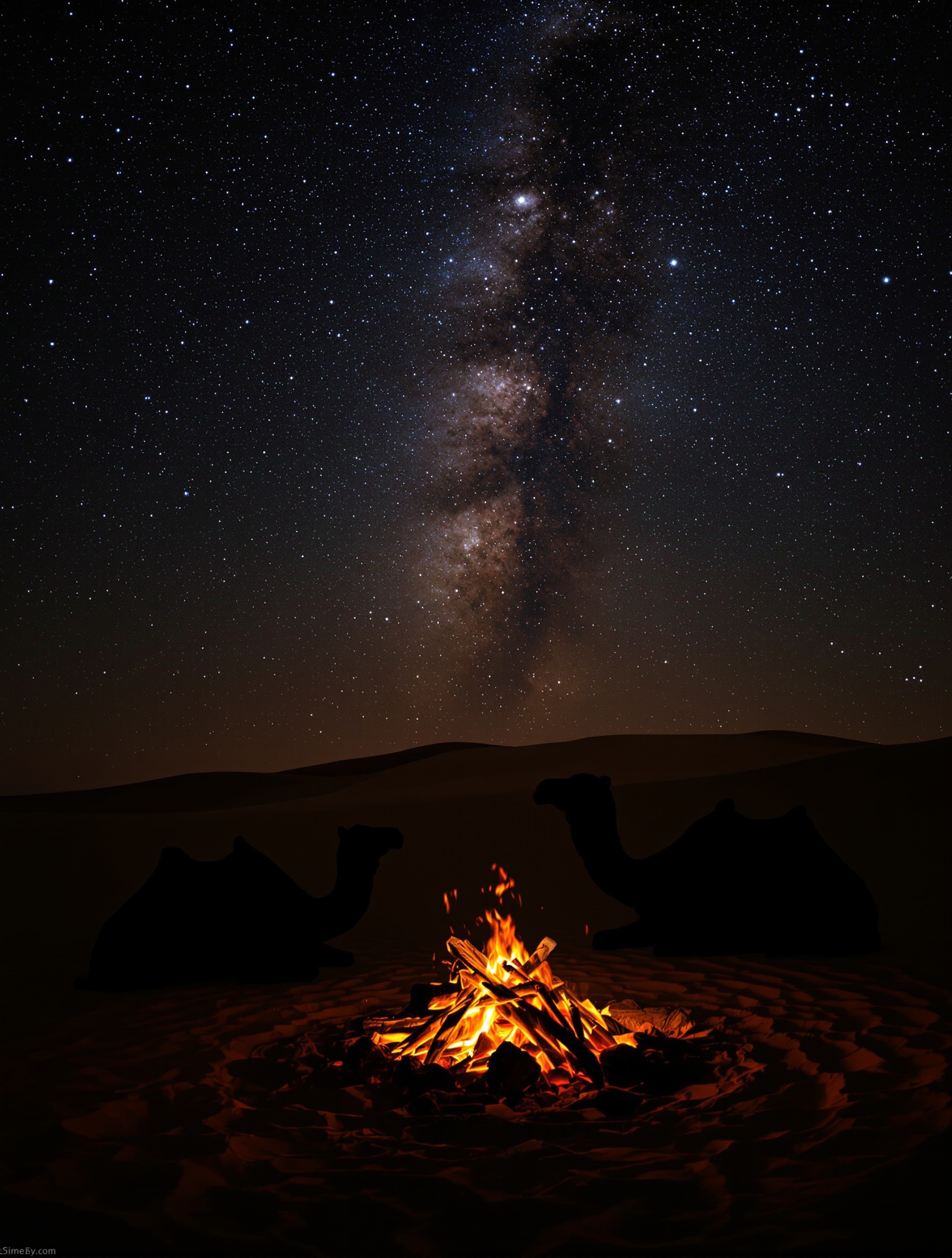 Camel silhouettes flank dying campfire embers beneath a vast star-filled desert sky, evoking the still, ancient atmosphere of Al Majmua by Areej Le Doré.