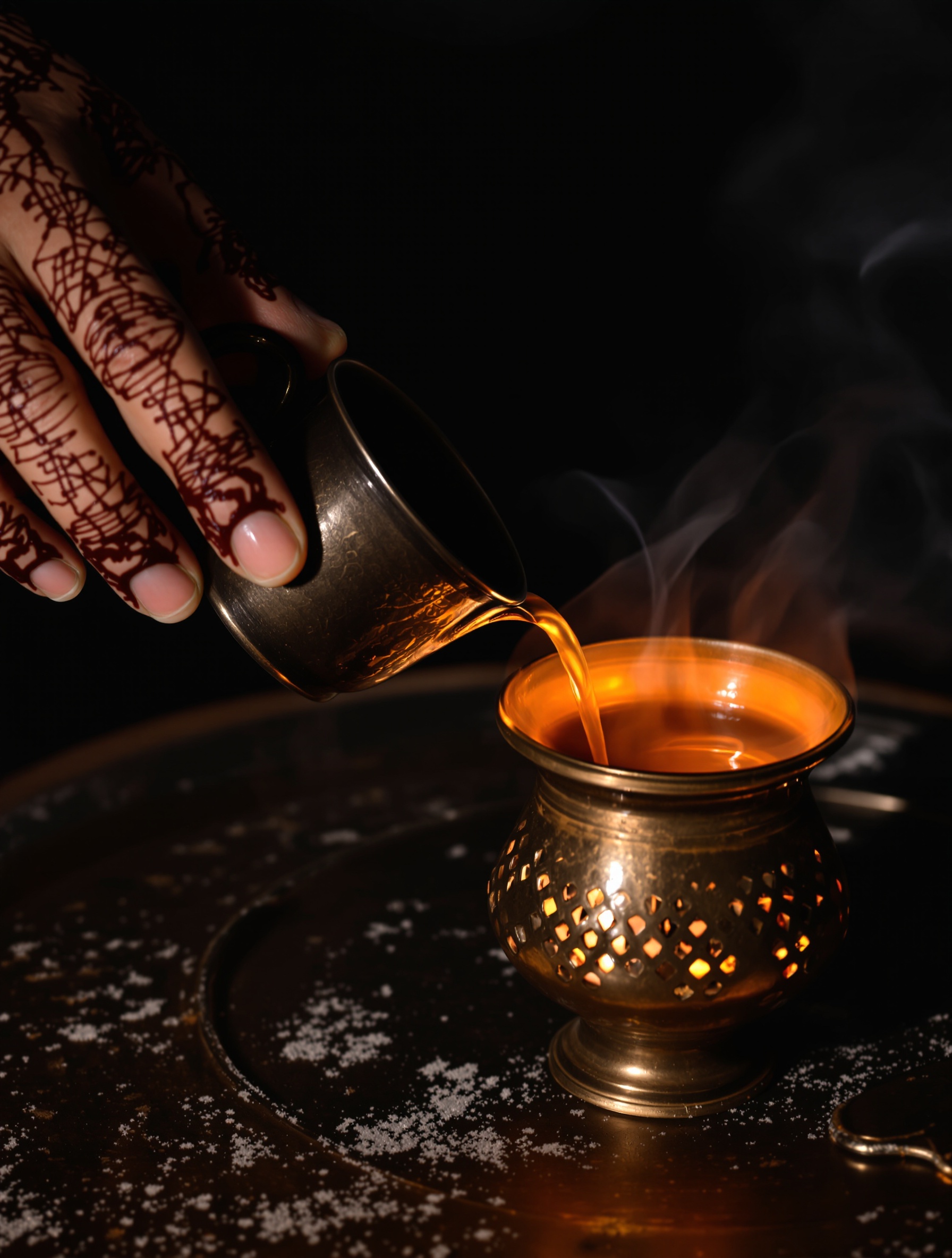 A firelit close-up of hands pouring from a brass dallah beside smoldering oud embers on a tray, evoking the gathered warmth at the heart of Al Majmua by Areej Le Doré.