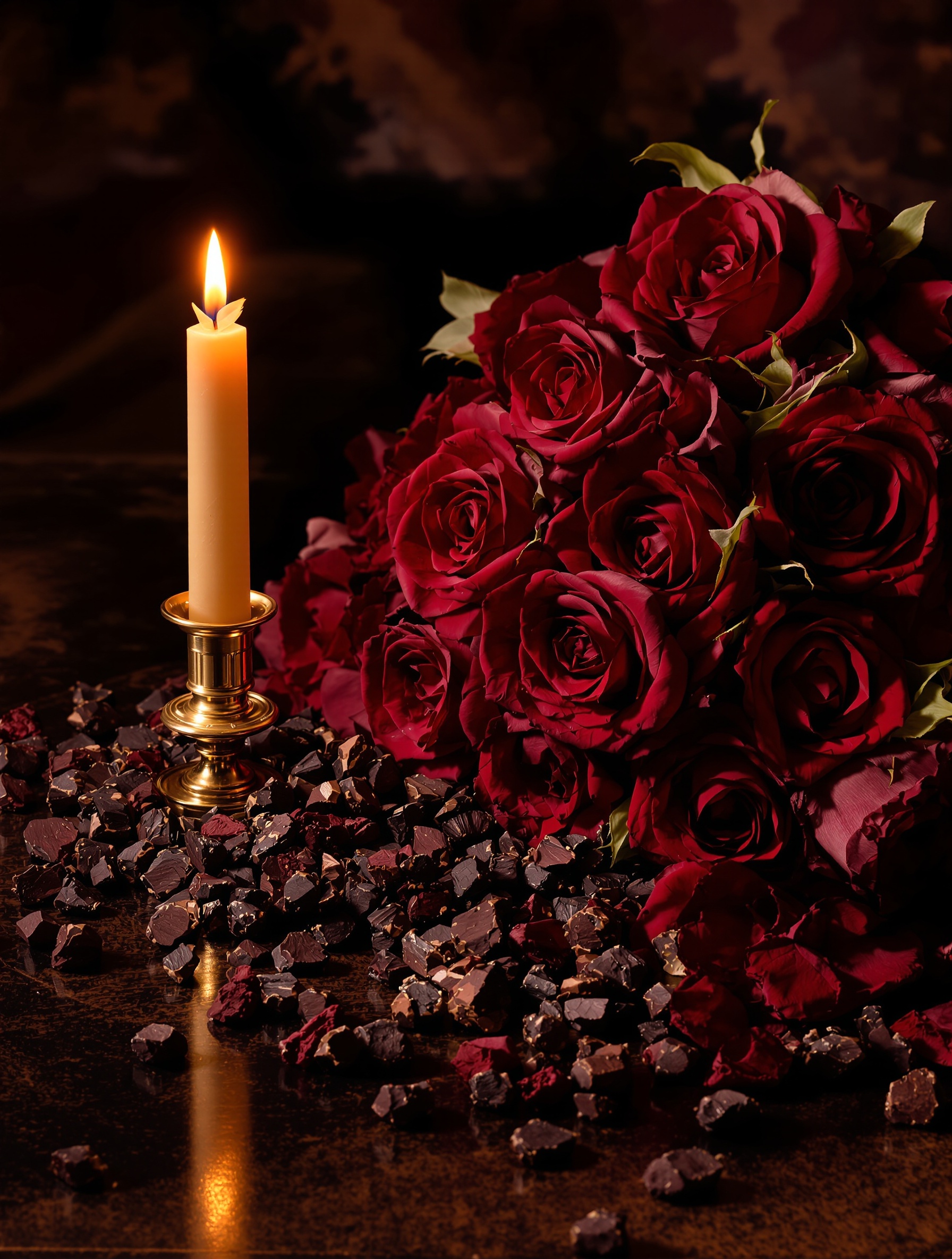 A candlelit baroque still life of crimson roses and dark agarwood resin chips heaped on blood-red velvet with antique brass, evoking the sovereign opulence of Bortnikoff Oud Maximus.