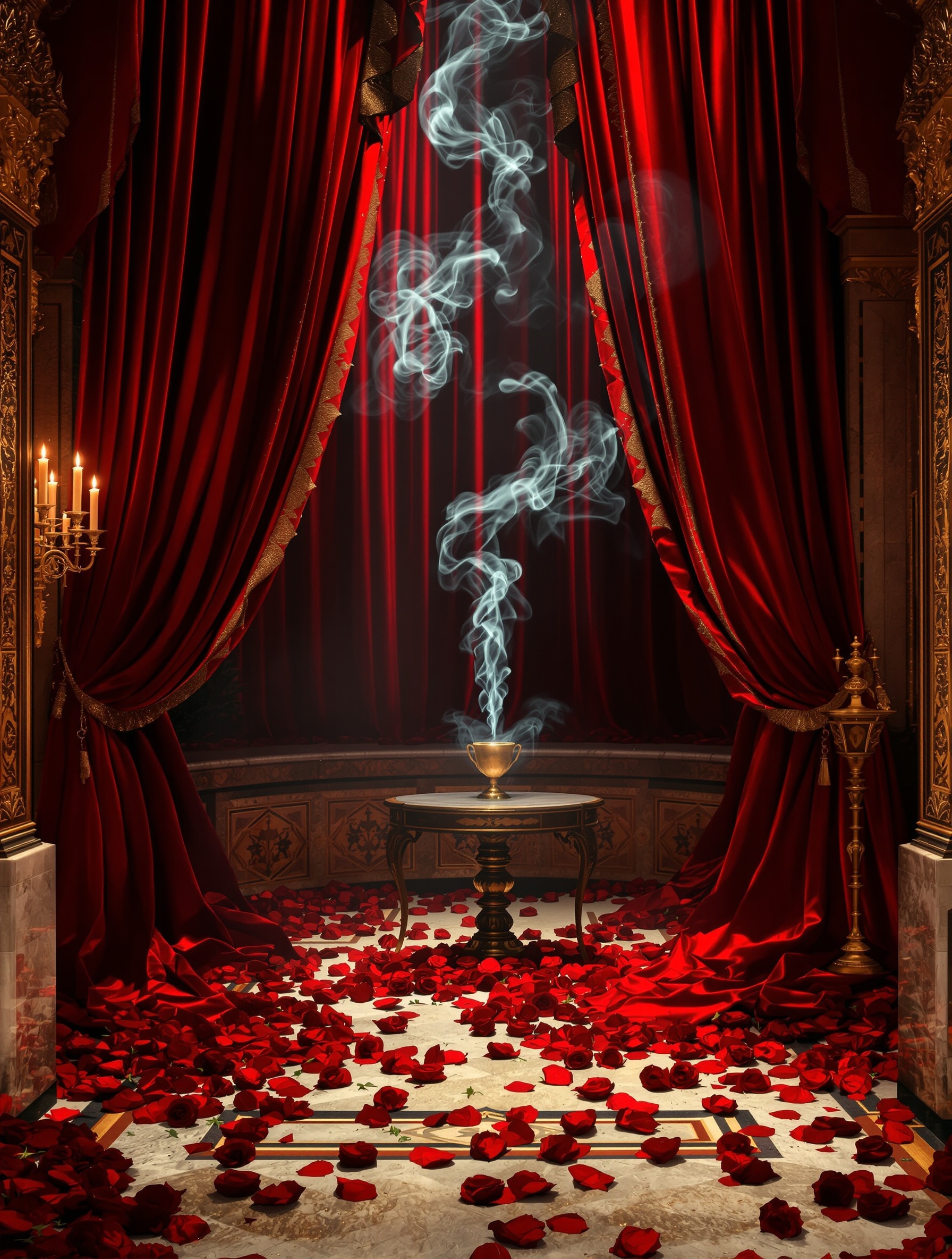A dim baroque interior saturated with oud smoke and scattered crimson roses evokes the sovereign opulence of Bortnikoff Oud Maximus.