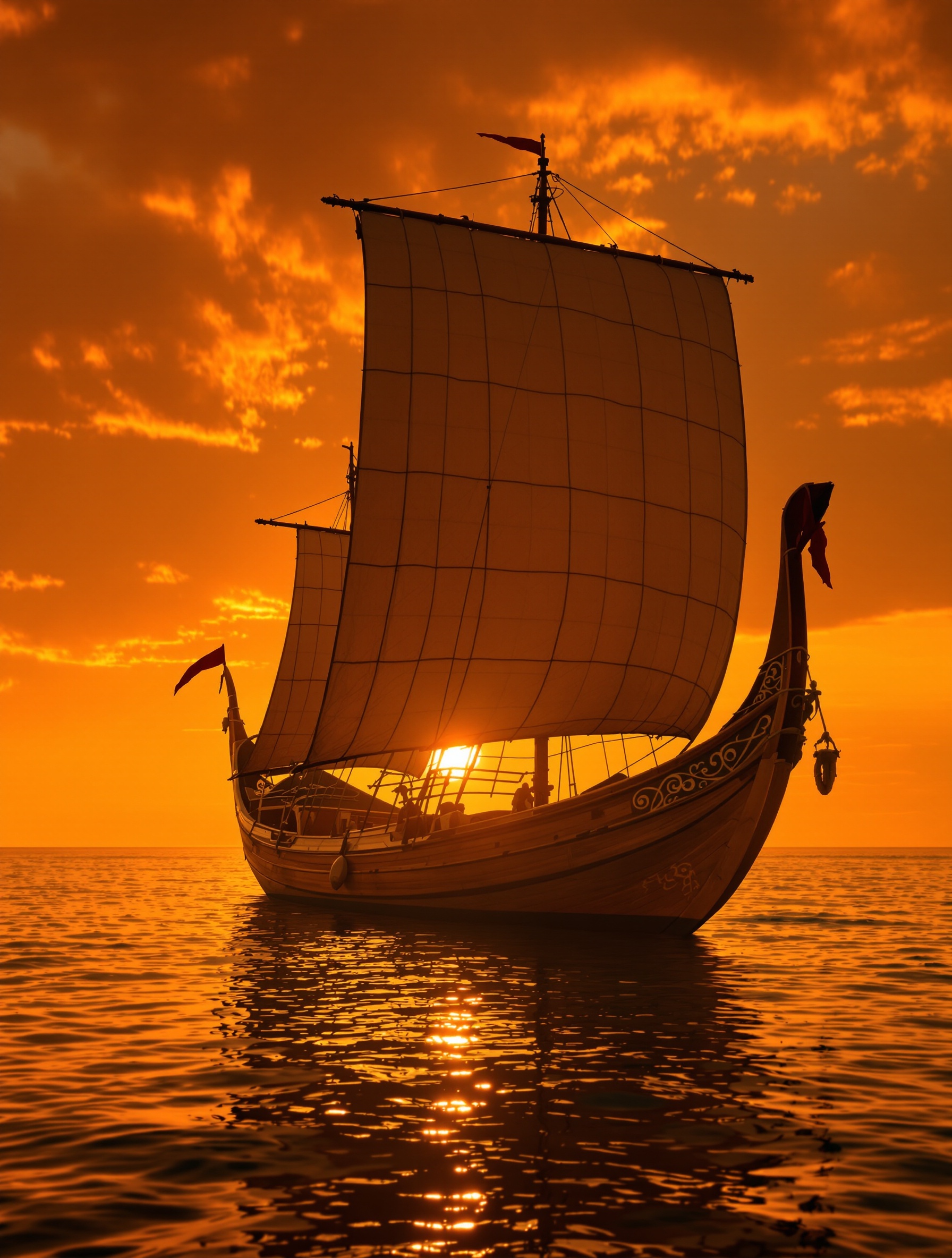 Sebuah dhow kayu berlayar dalam siluet dramatis berlatar langit senja Teluk yang meleleh dalam semburat saffron dan amber, membangkitkan warisan maritim yang menjadi jiwa dari Turath by The Spirit of Dubai.