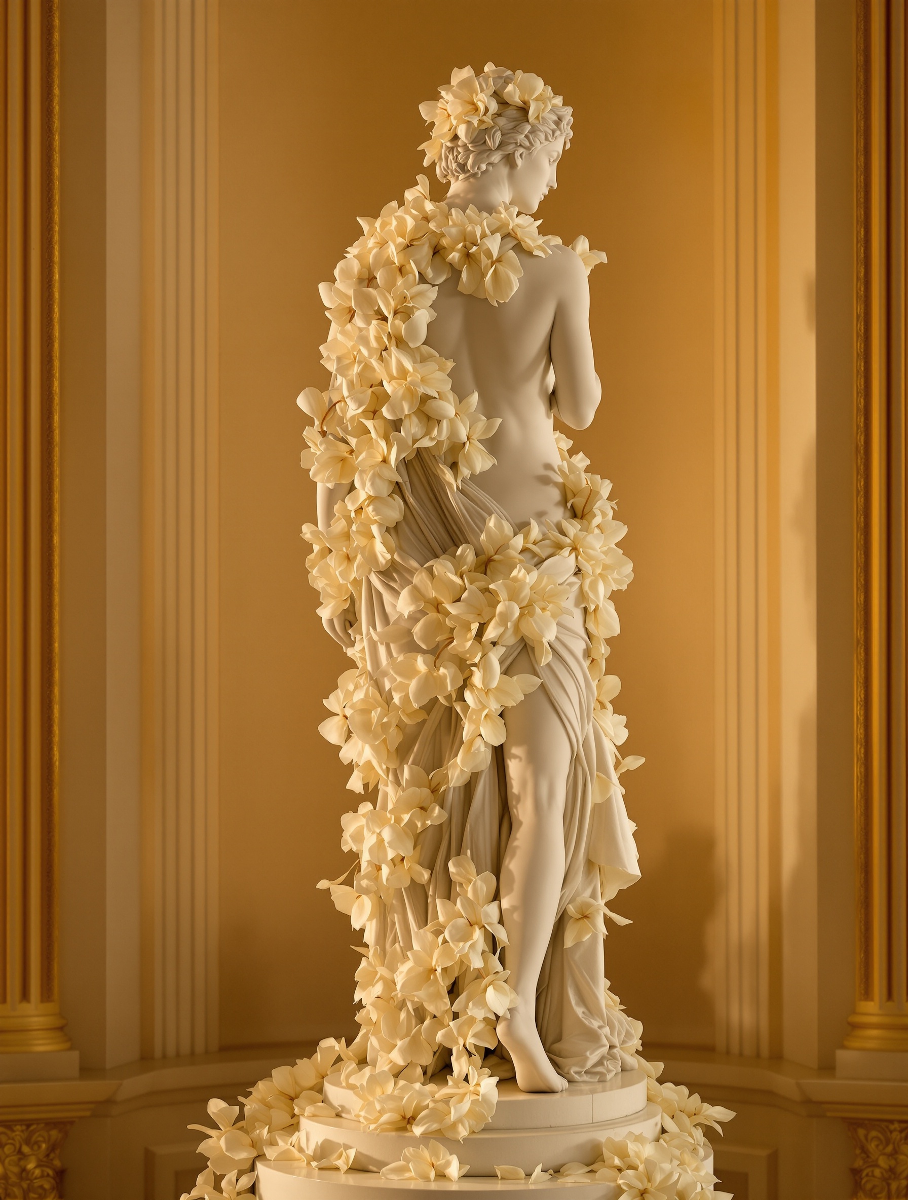 A classical marble Venus statue wreathed in overripe tuberose blossoms in golden candlelight, evoking the sacred-carnal soul of Narcotic V by Nasomatto.
