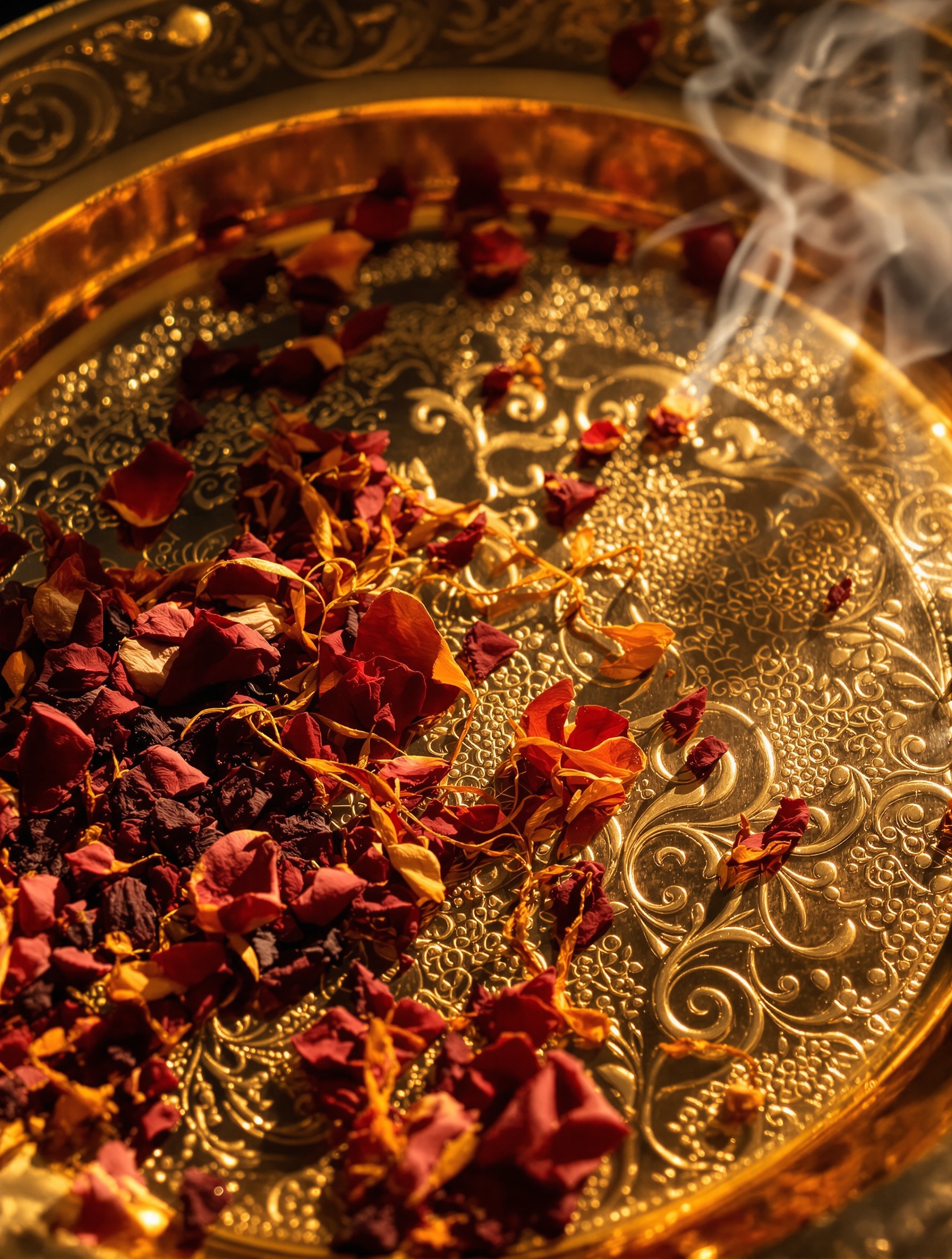 Sebuah still life makro untuk Turath by The Spirit of Dubai, menampilkan benang saffron, serpihan oud, dan kelopak mawar yang tersusun di atas nampan kuningan berukir dalam cahaya hangat yang membelai.