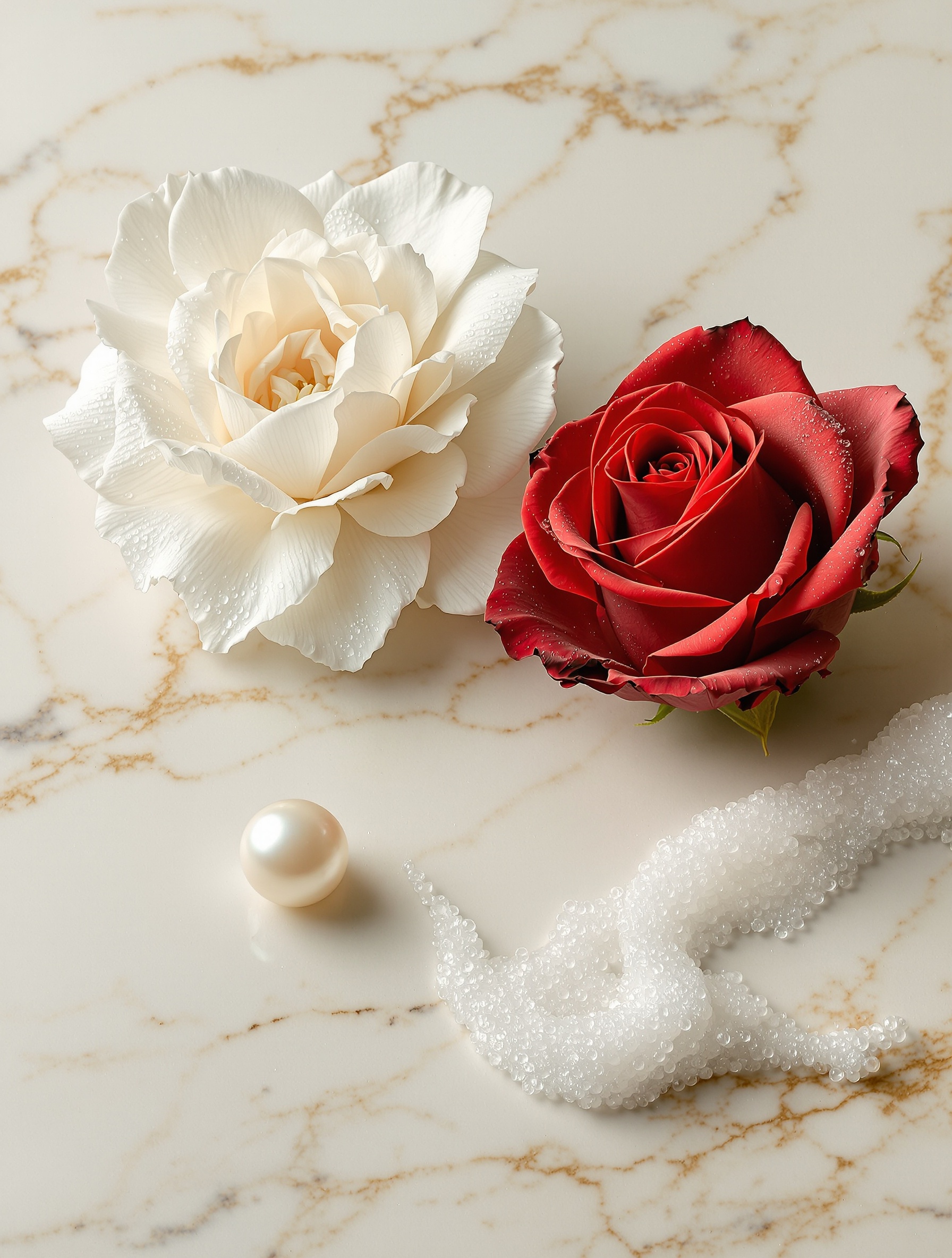 A dewy close-up of pearl, sea-foam, white tuberose, and a bruised carmine rose on pale veined marble, evoking the birth-materials of Venus and the intoxicating sensuality of Narcotic V by Nasomatto.