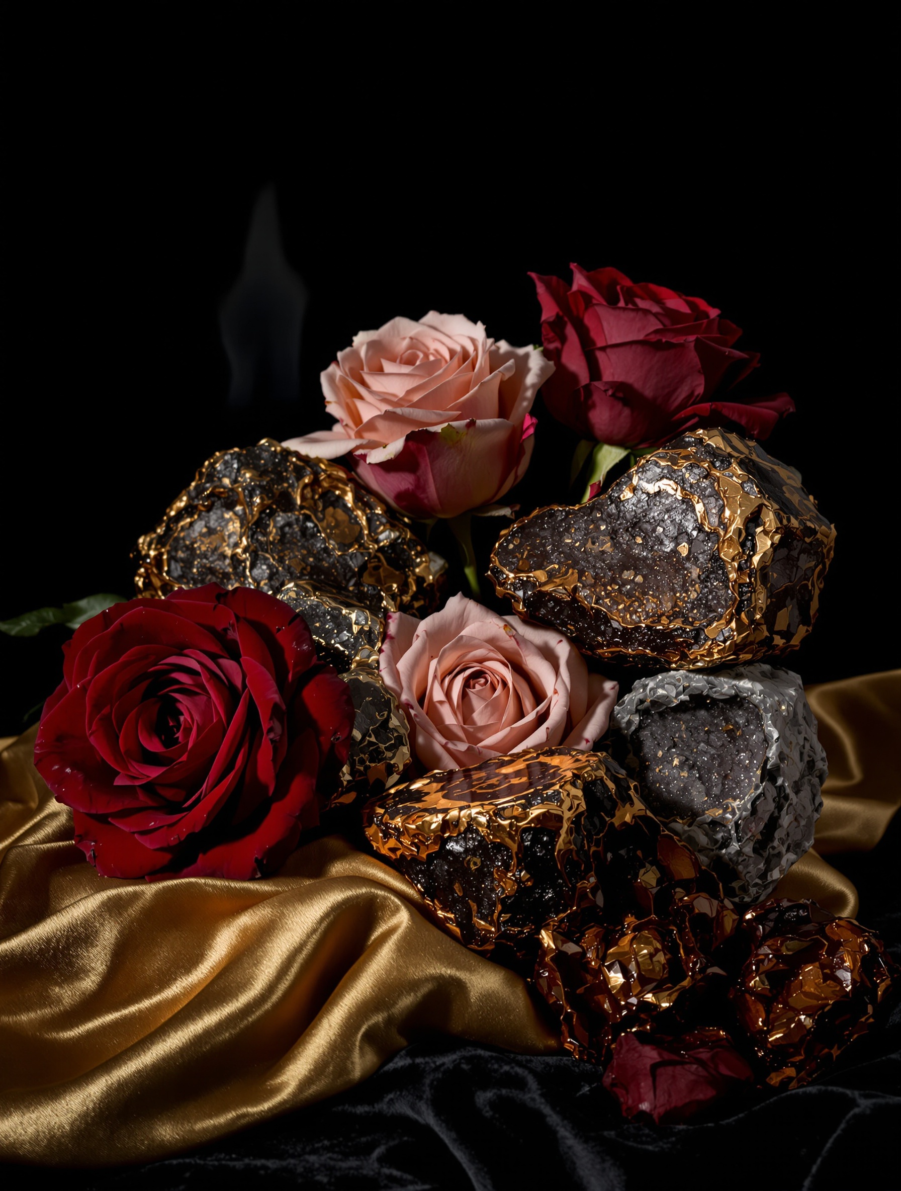 Three roses of crimson, blush, and burgundy heaped with dark agarwood resin chunks on black velvet and antique gold, lit by a single warm flame, the sovereign, animalic heart of Bortnikoff Oud Maximus.