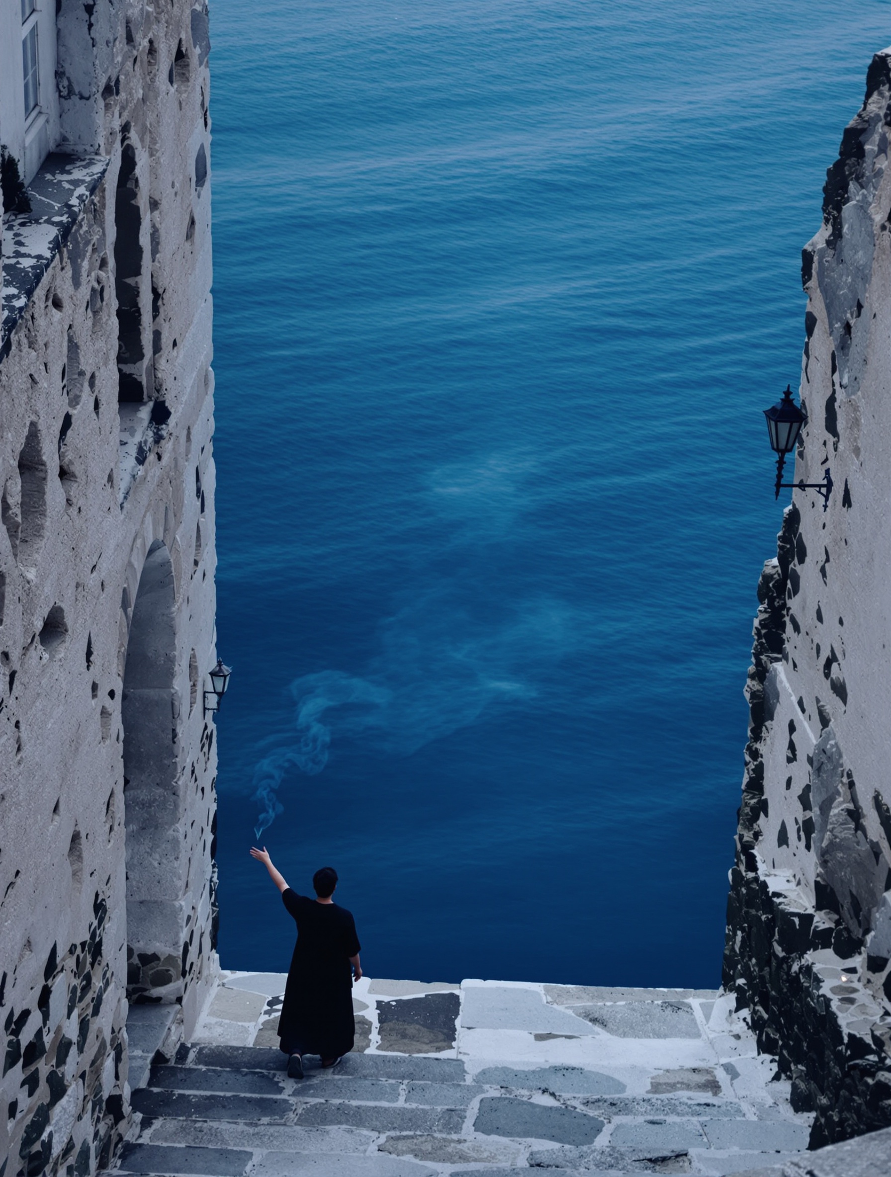 World frame for Blue Talisman Extrait by Ex Nihilo: a pre-dawn Mediterranean harbour suffused with protective stillness.