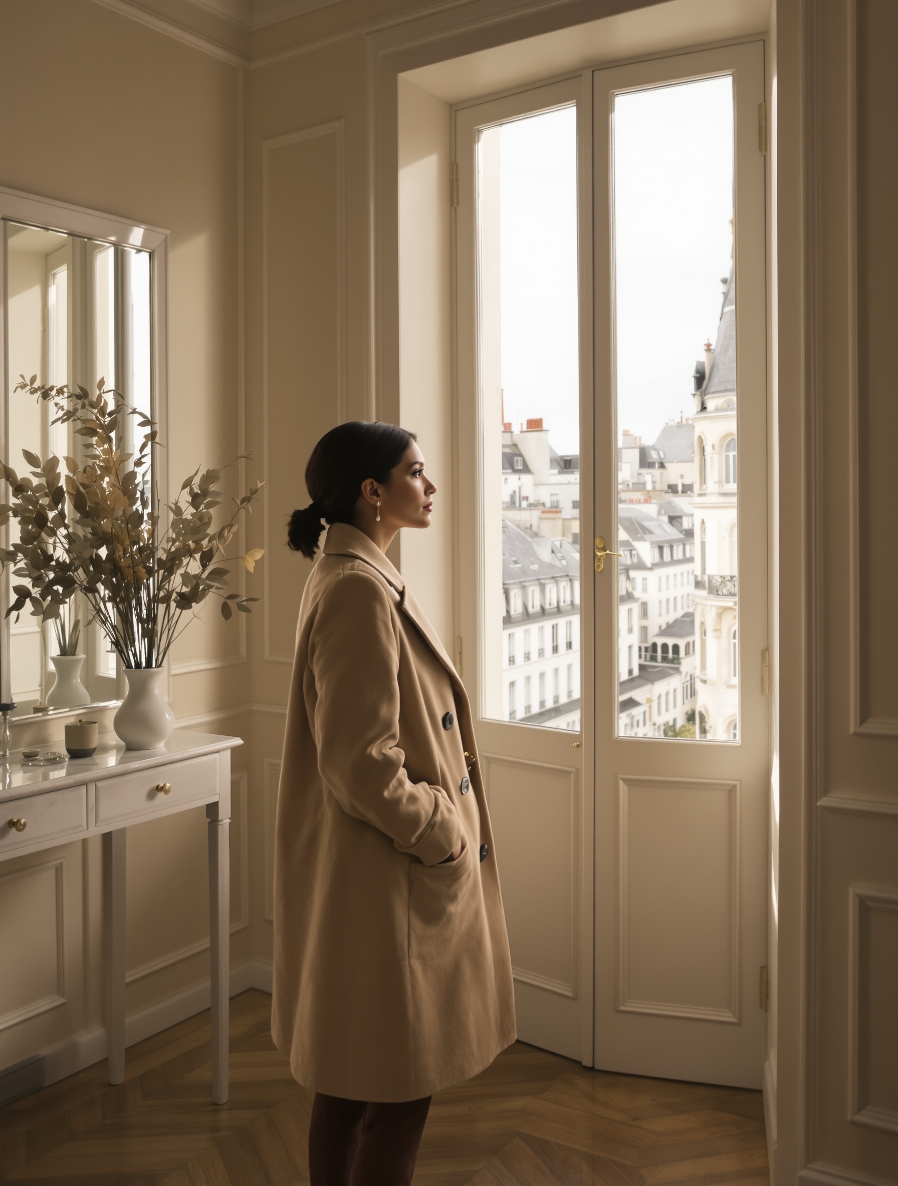 Seorang perempuan tenang berbalut mantel kasmir karamel berdiri di sisi jendela Haussmann yang terbuka, cahaya sore yang hangat menebarkan diri di lantai parket dan atap-atap Paris yang membentang di kejauhan.