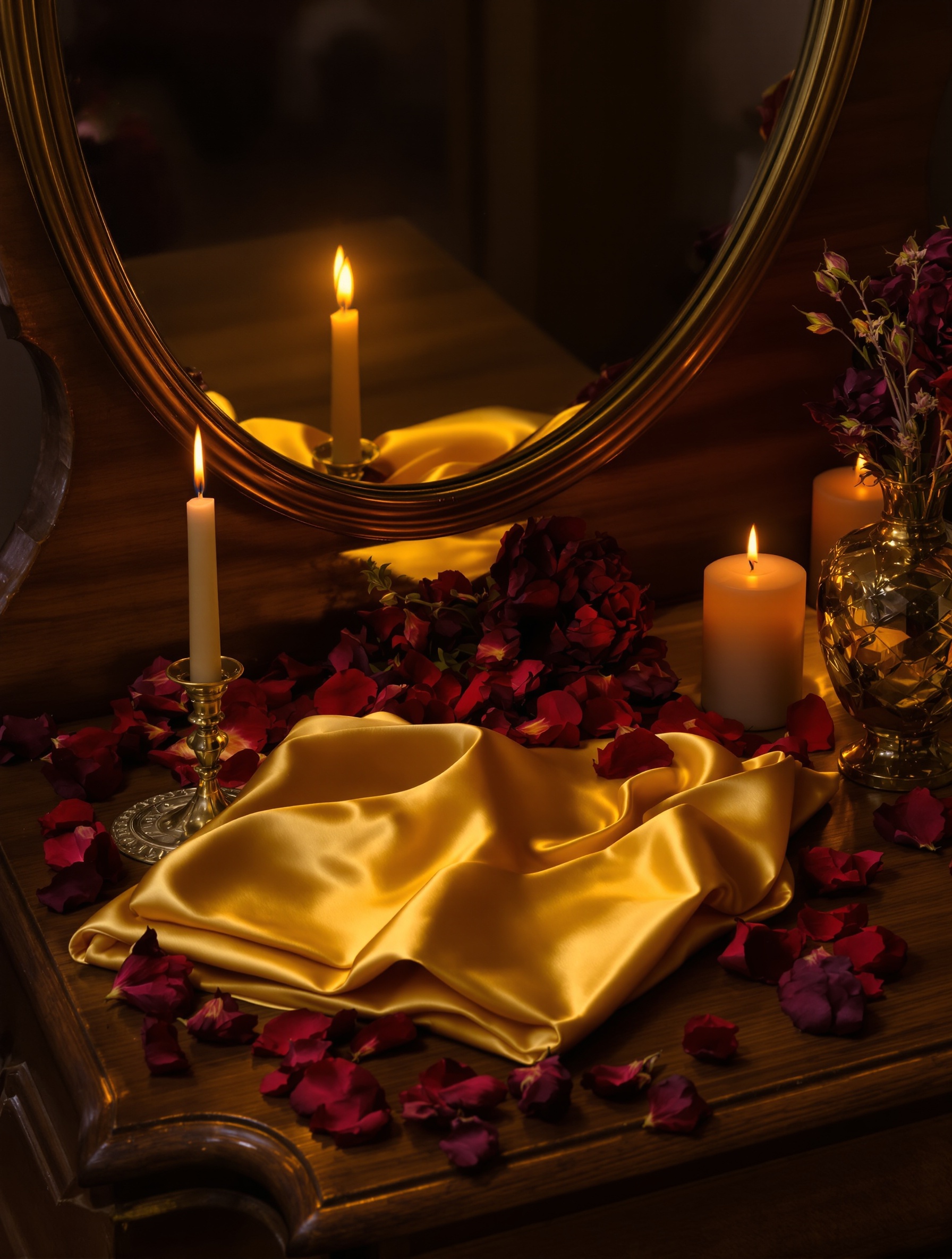 Bingkai detail untuk Creed Carmina: sutra safron dan kelopak mawar burgundy tersebar di atas meja tulis Venesia yang disinari cahaya lilin.