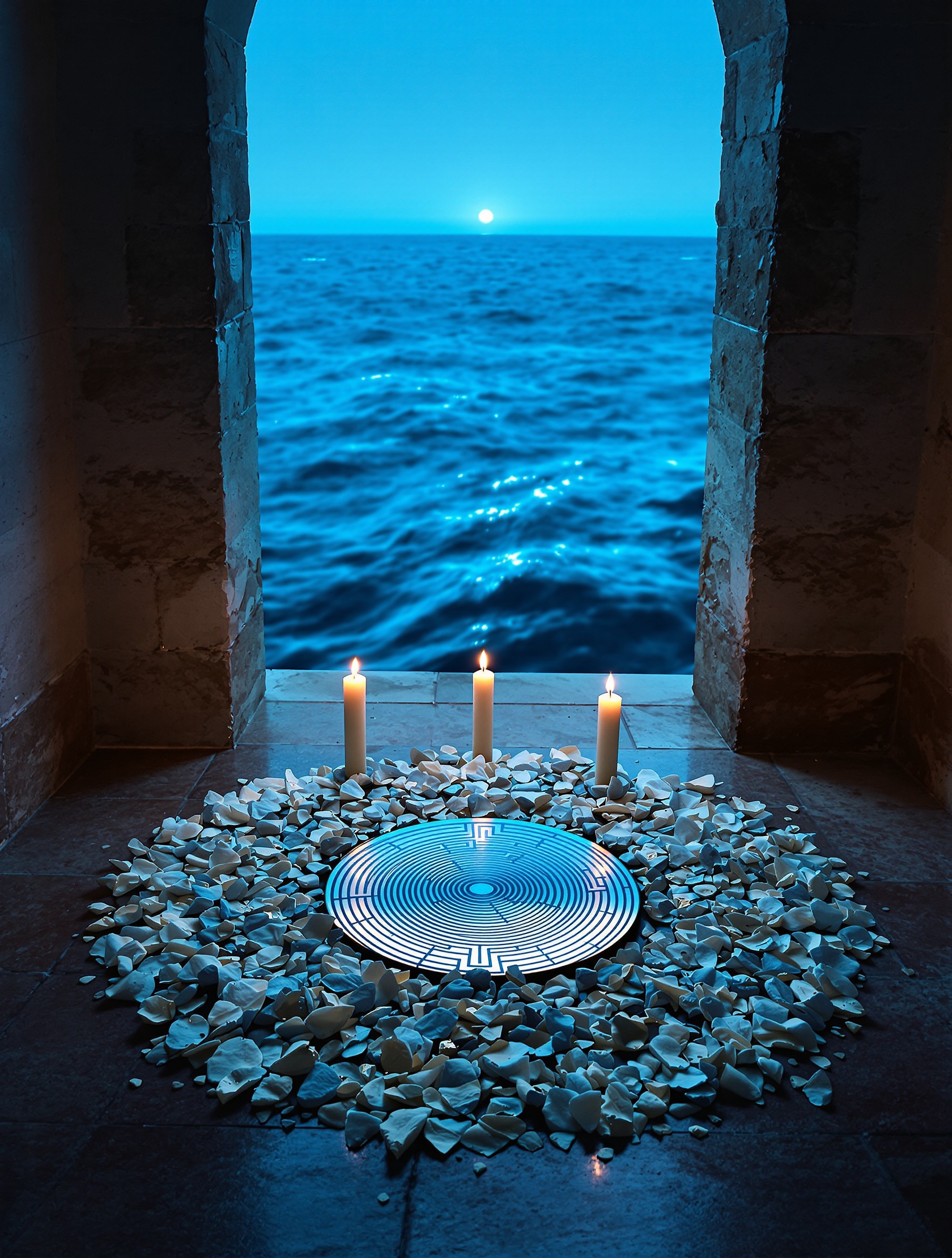 A cerulean-lit stone alcove holds a devotional spiral of jasmine blossoms around an abstract amulet disc, two candles glowing blue-gold while silhouetted hands complete the sacred arrangement.