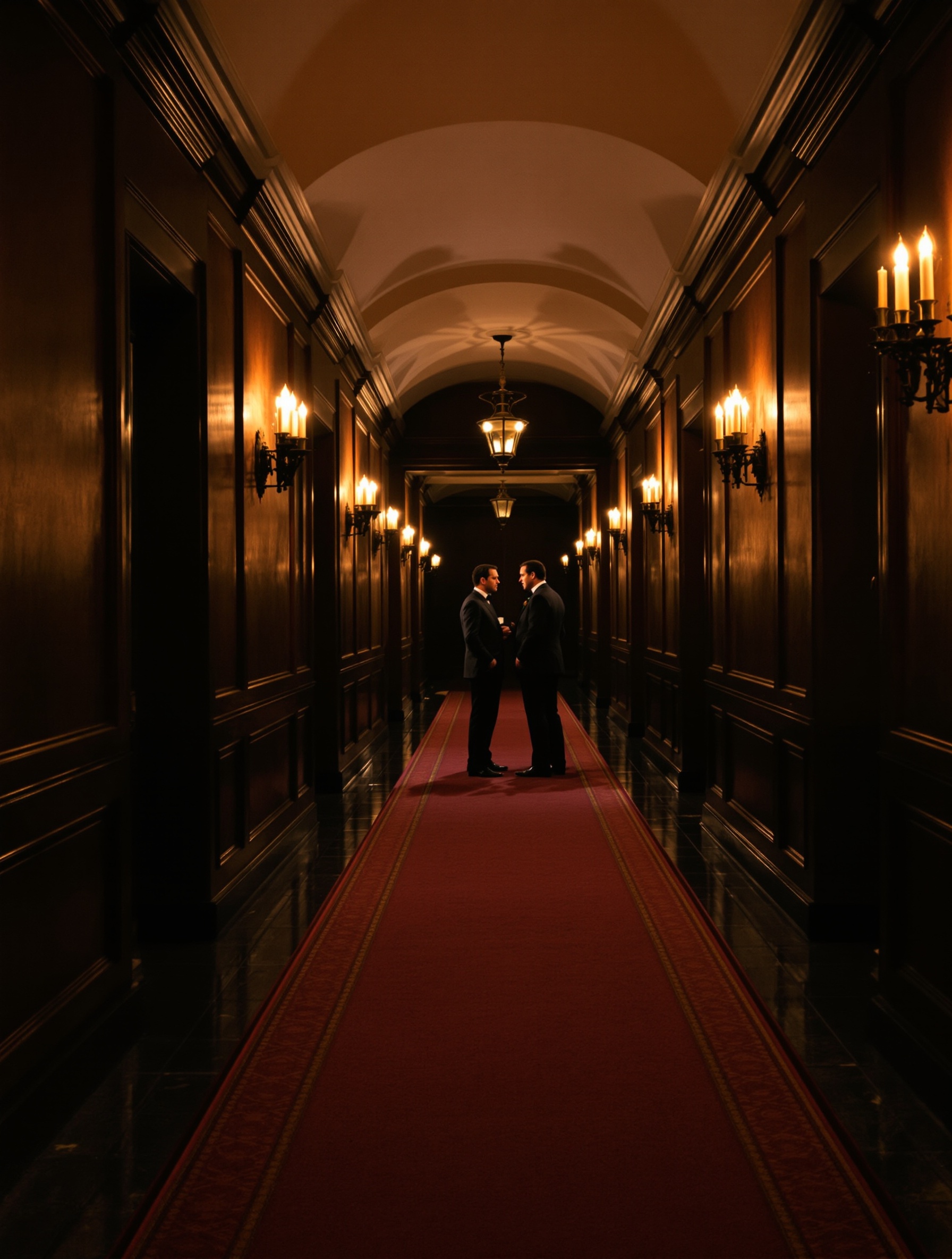 Il Padrino karya Sospiro, dua sosok yang diselimuti bayang-bayang di lorong palazzo berpendar lilin, nuansa sinematik noir ala Godfather.