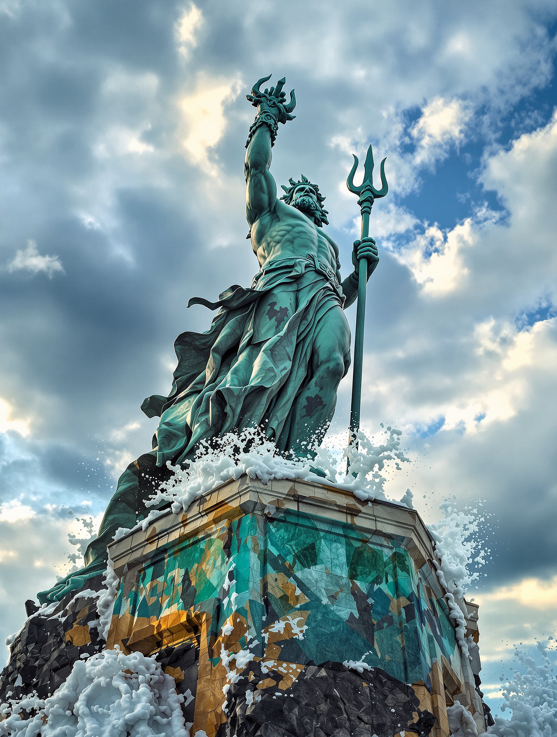 Kolosalny posąg Neptuna z brązu pokrytego patyną, władający burzliwym Morzem Śródziemnym z uniesionym trójzębem, stworzony dla zapachu Neptune's Trident marki Argos.