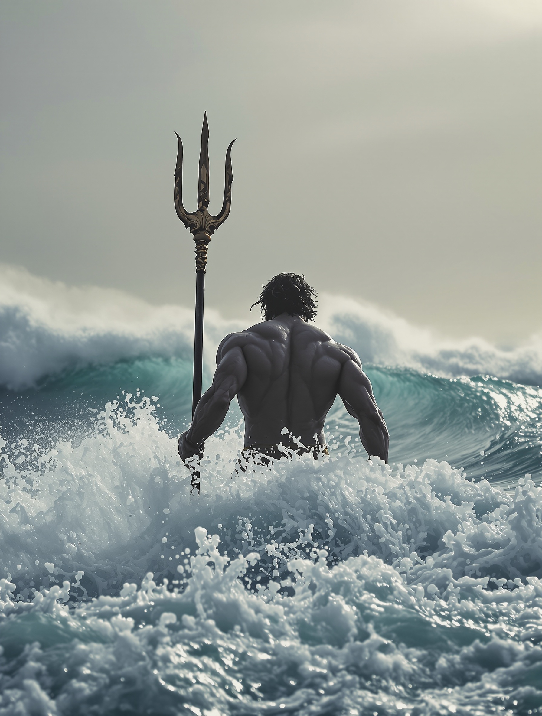 Neptun ukazany od tyłu, z trójzębem w dłoni, stojący pośród rozbijających się fal pod burzliwym złocistym horyzontem, dla Neptune's Trident marki Argos.