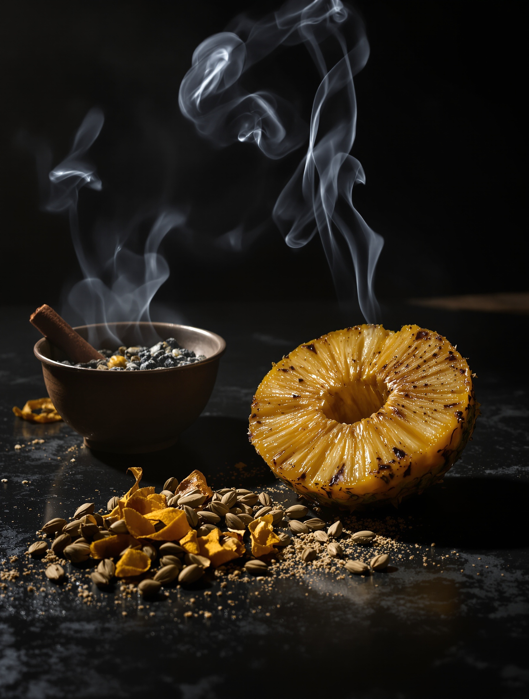 Kadr z detalem materialnym dla Absolu Aventus: wędzony ananas i korzenne nuty na zimnym czarnym kamieniu, pojedynczy snop bursztynowego światła.
