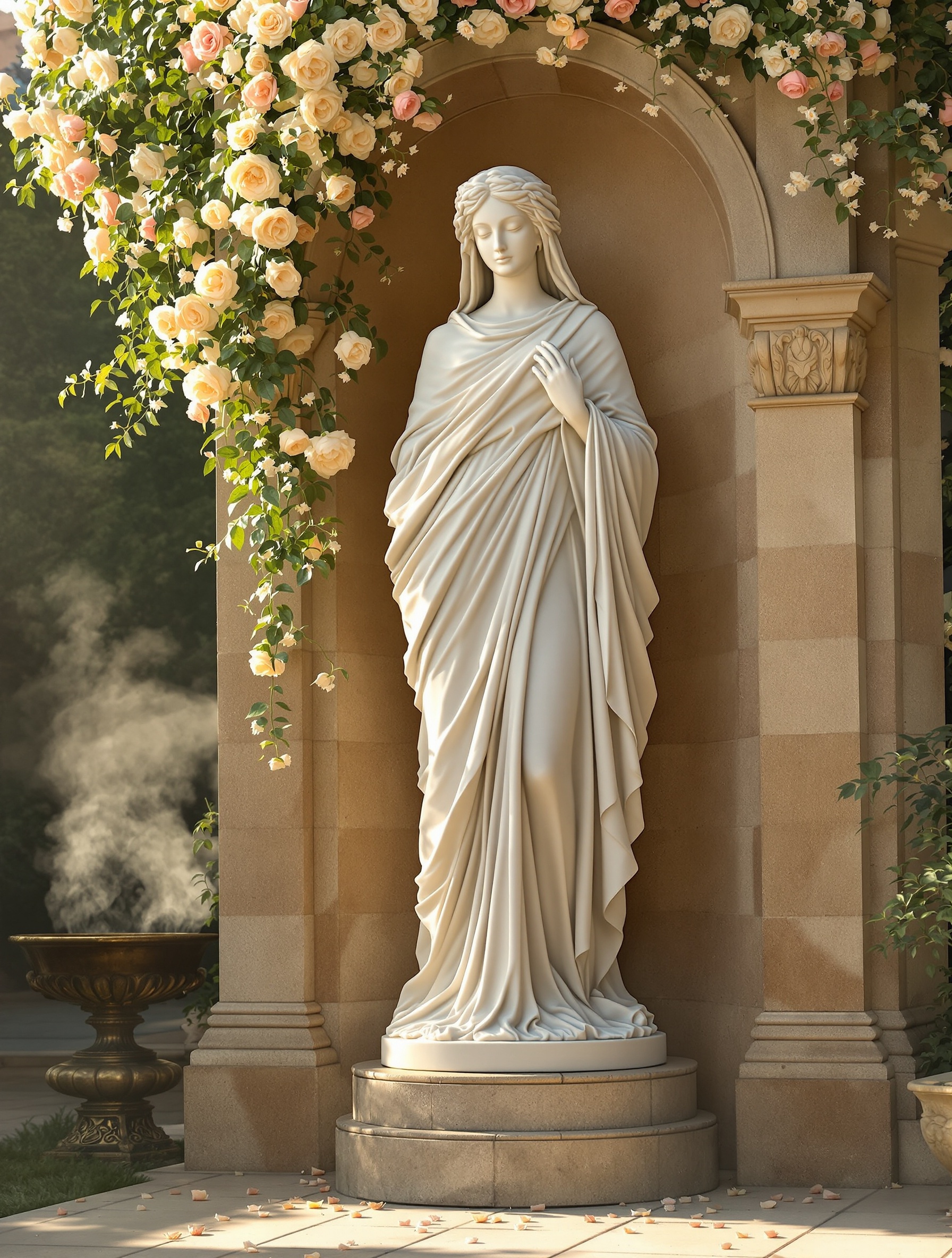 A fully robed marble goddess statue glows in warm Renaissance garden light surrounded by cascading cream and blush roses.