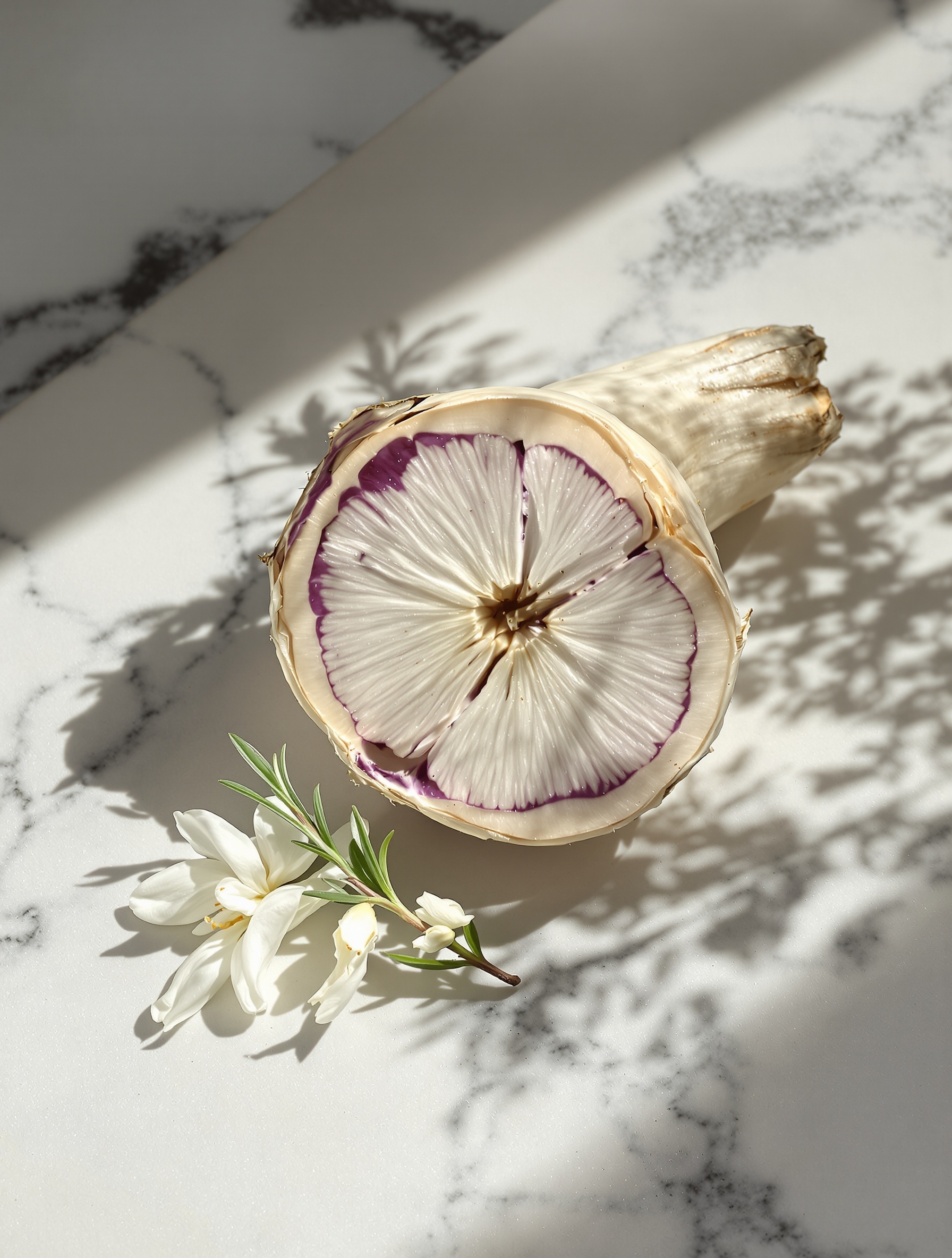 Rimpang iris yang dibelah melintang dalam cahaya pagi yang bercahaya untuk Amouage Reflection 45.