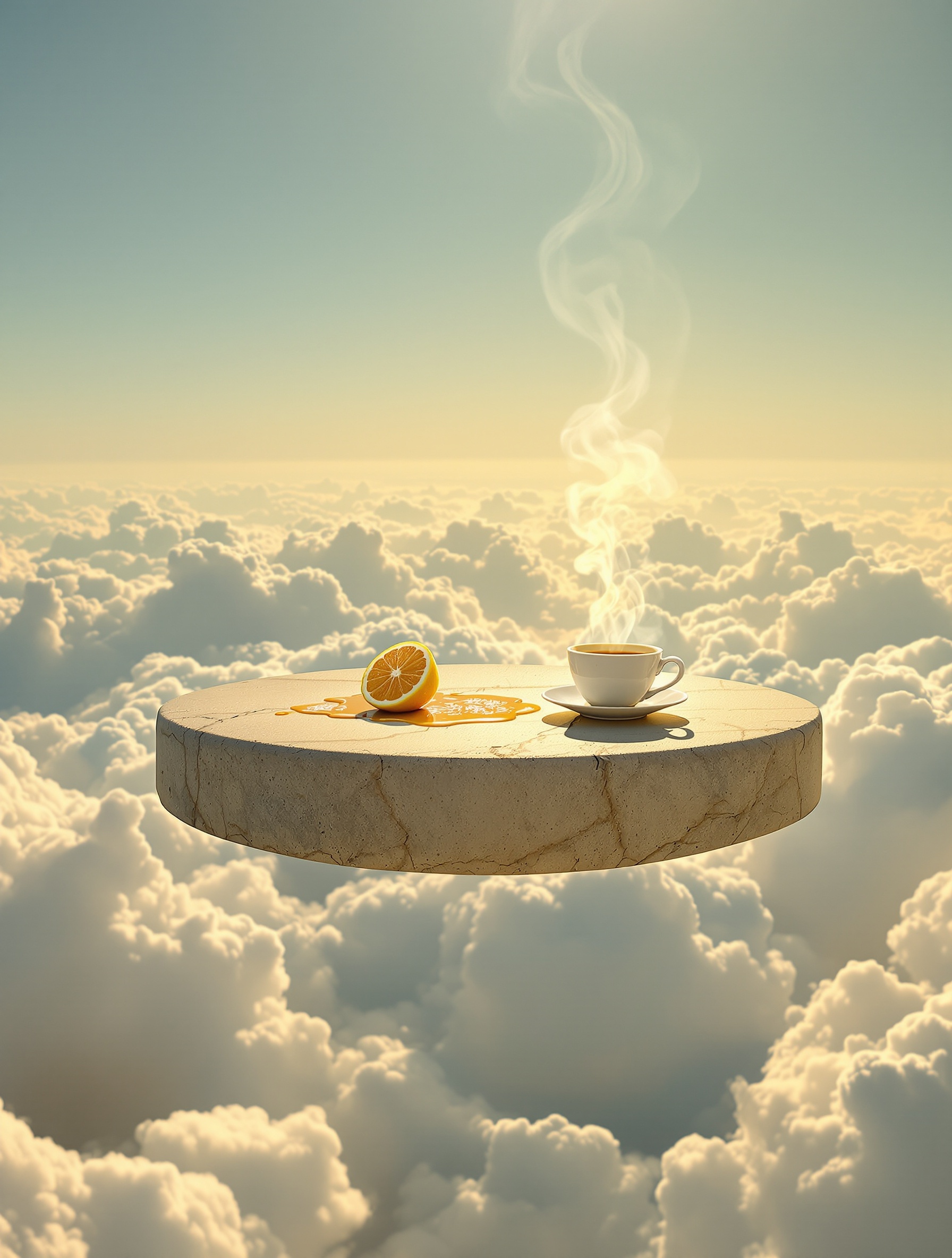 A stone breakfast table with citron and black tea floats among luminous golden clouds, evoking Imagination by Louis Vuitton.