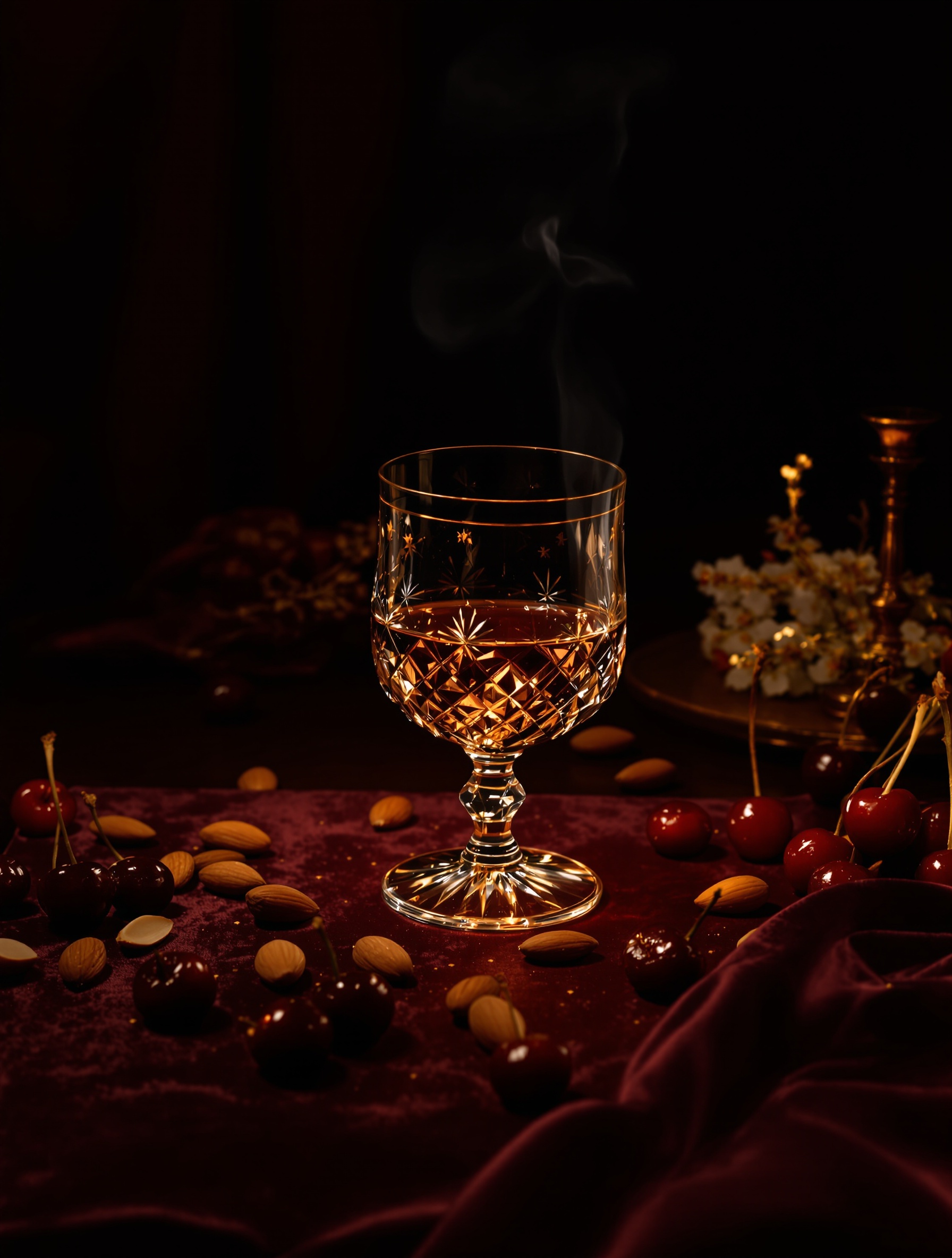 A crystal cognac glass glowing amber on dark velvet, evoking Bodacious by Boadicea the Victorious.