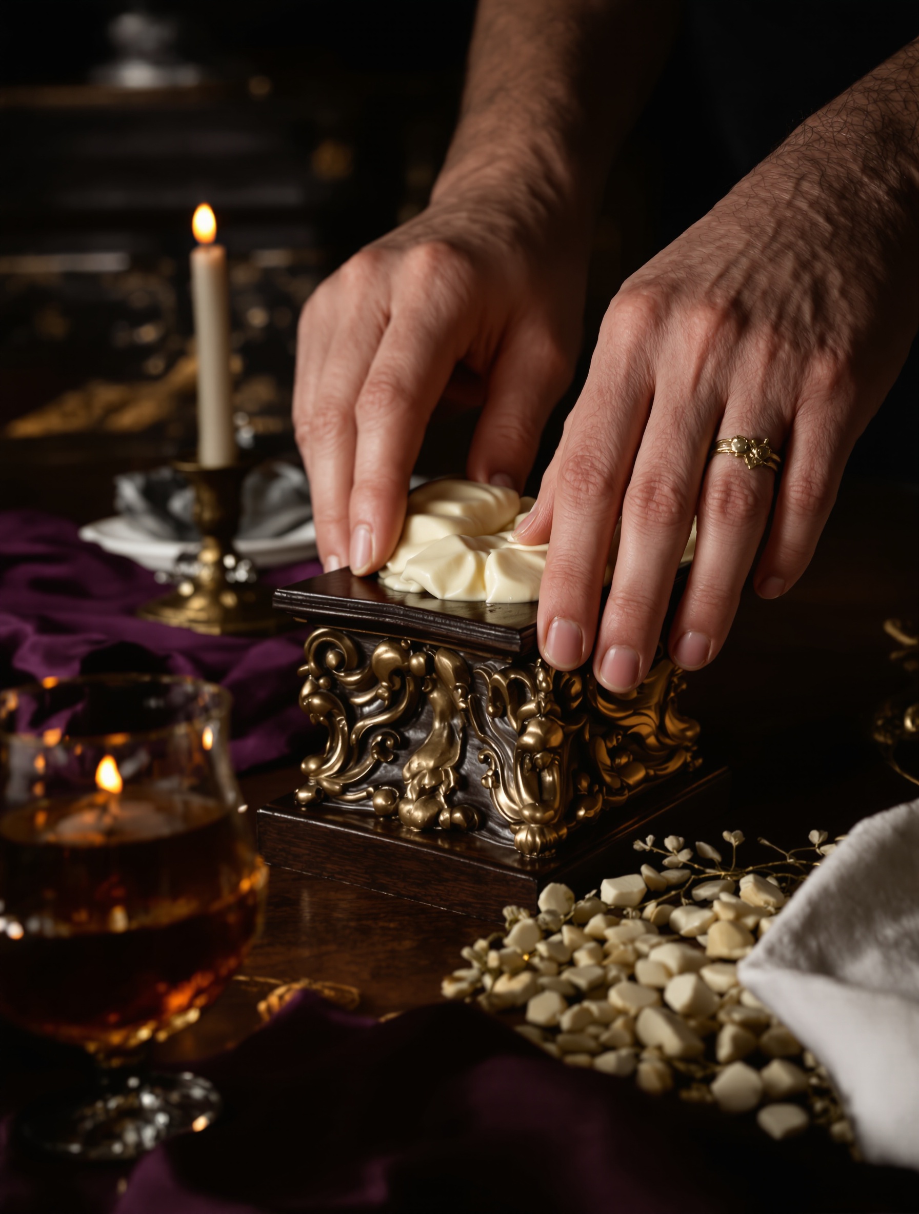 Two ringed hands press pale marzipan into a baroque wooden mould beside a cognac snifter, lit by a single candle against near-black walnut panelling.