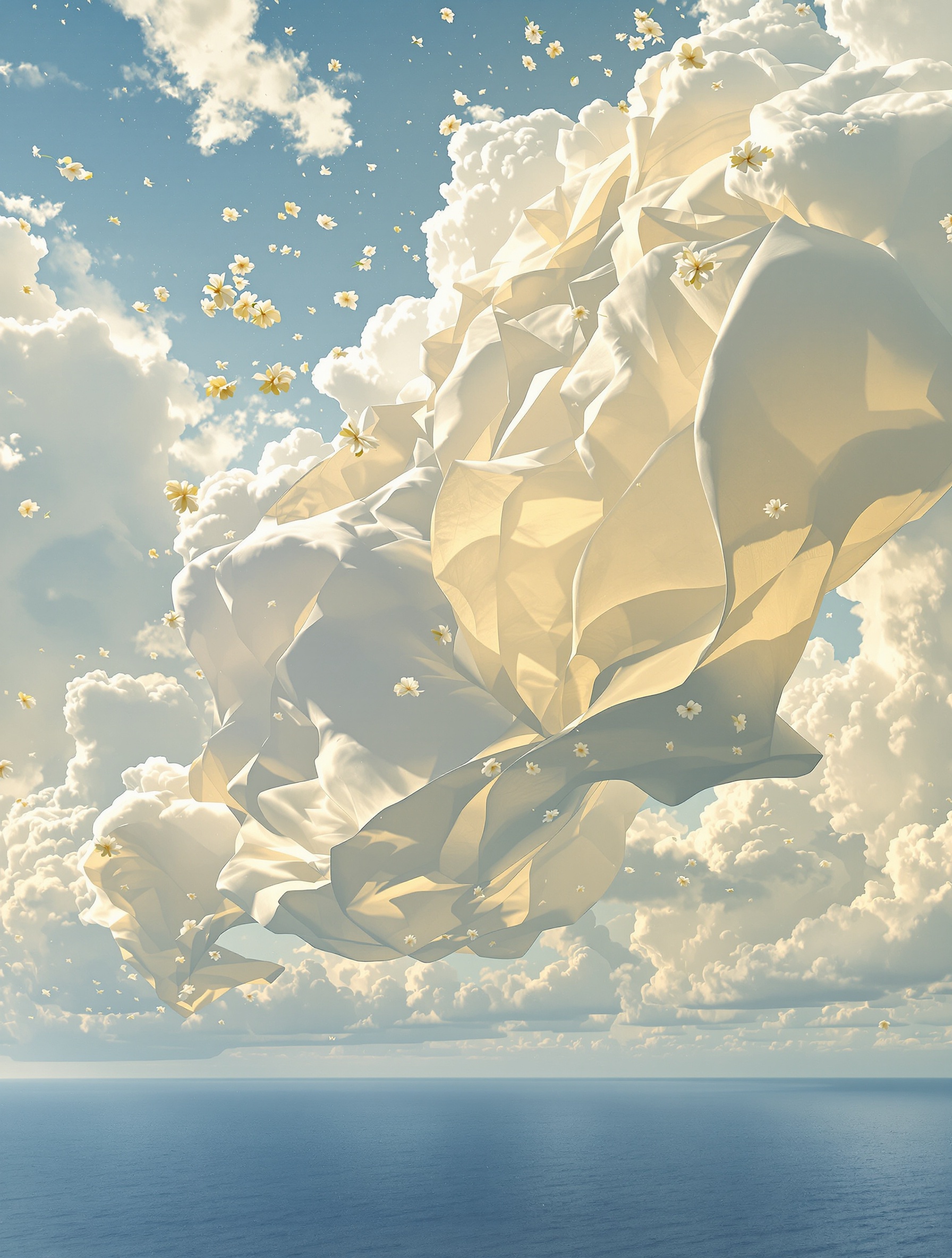 A surreal dreamscape where an enormous ivory linen sail billows impossibly through luminous clouds above a distant cobalt sea, neroli blossoms drifting free from its warm-lit folds.