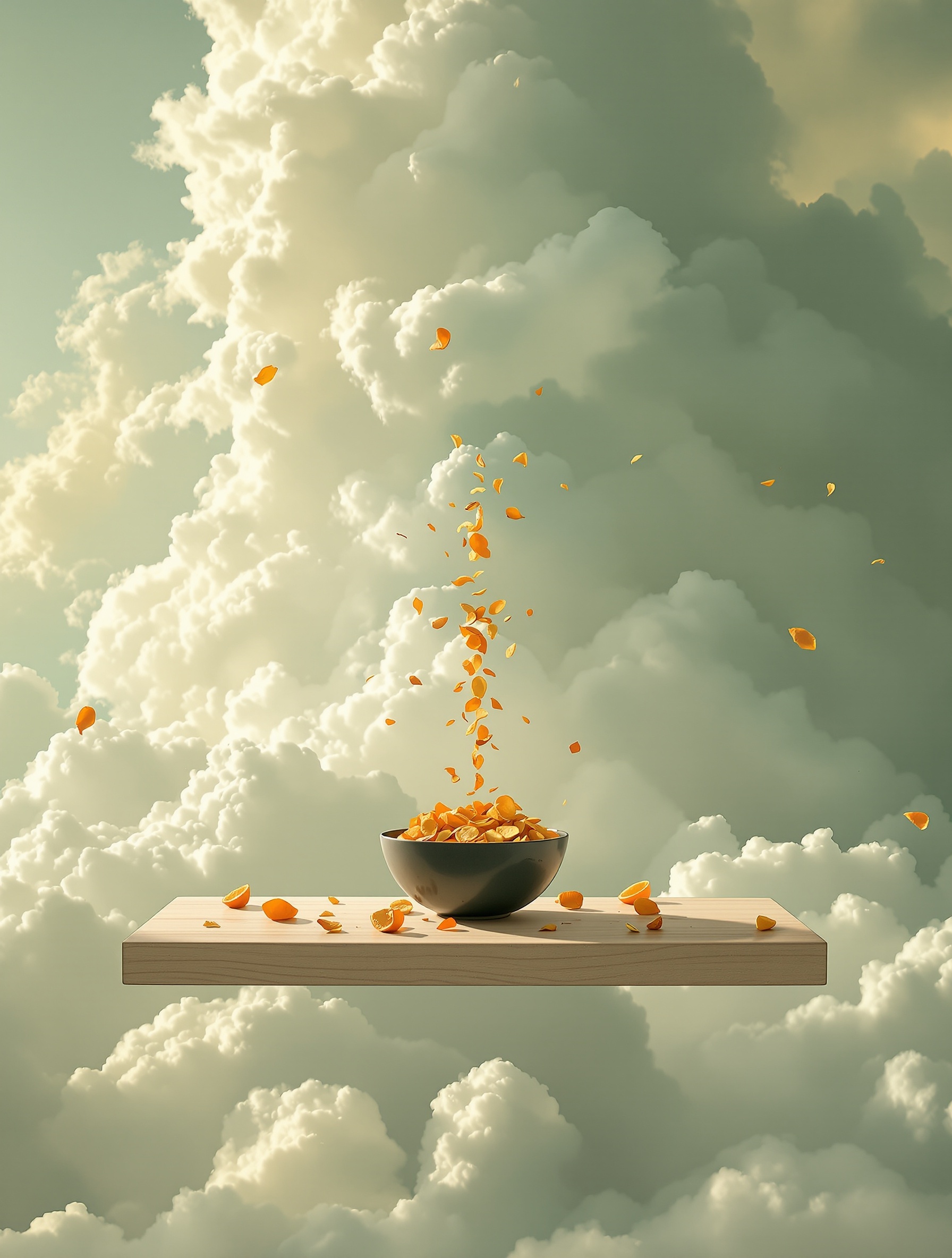 A dark ceramic bowl of amber citrus peel on a floating wooden shelf, surrounded by luminous clouds and a gravity-defying ribbon of bronze tea liquid spiraling skyward.