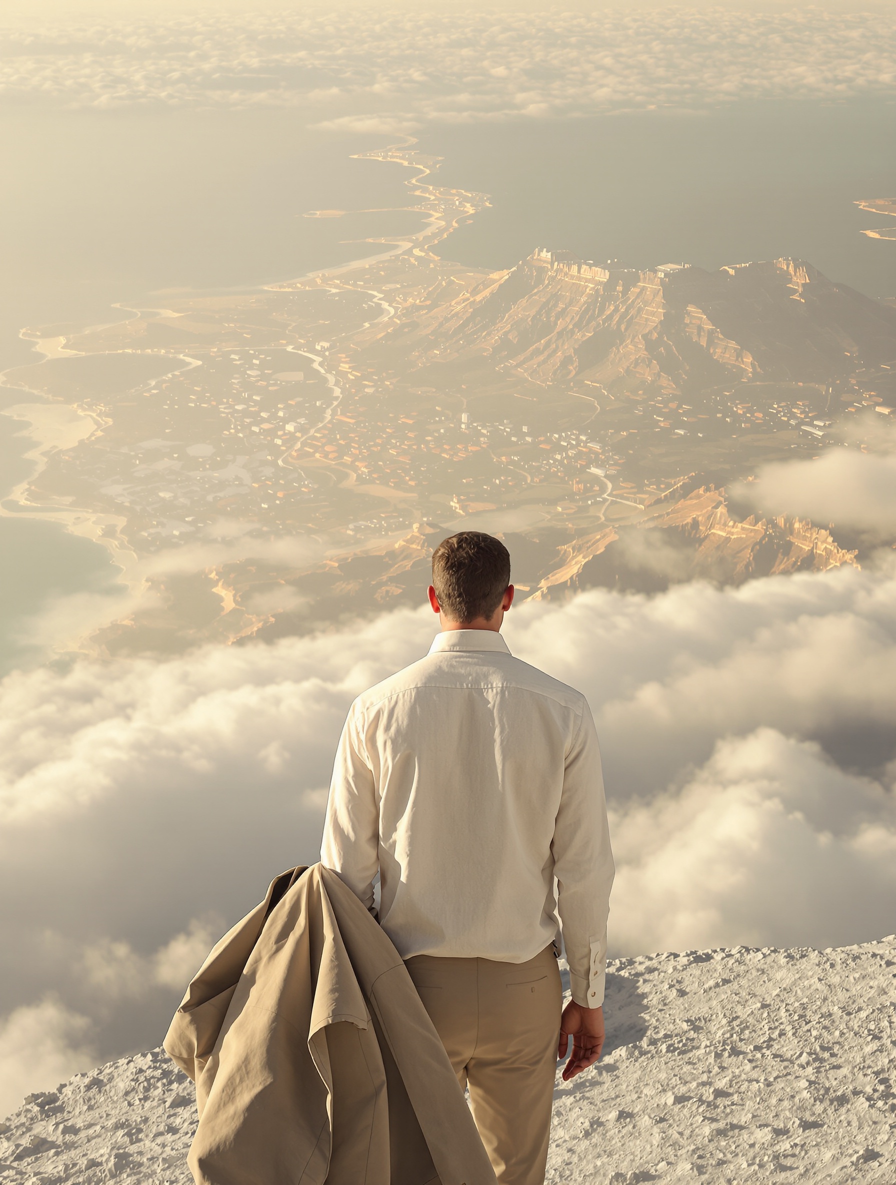 A lone figure stands at the luminous edge of a cloud, gazing over an impossible synthesized world, evoking Imagination by Louis Vuitton.