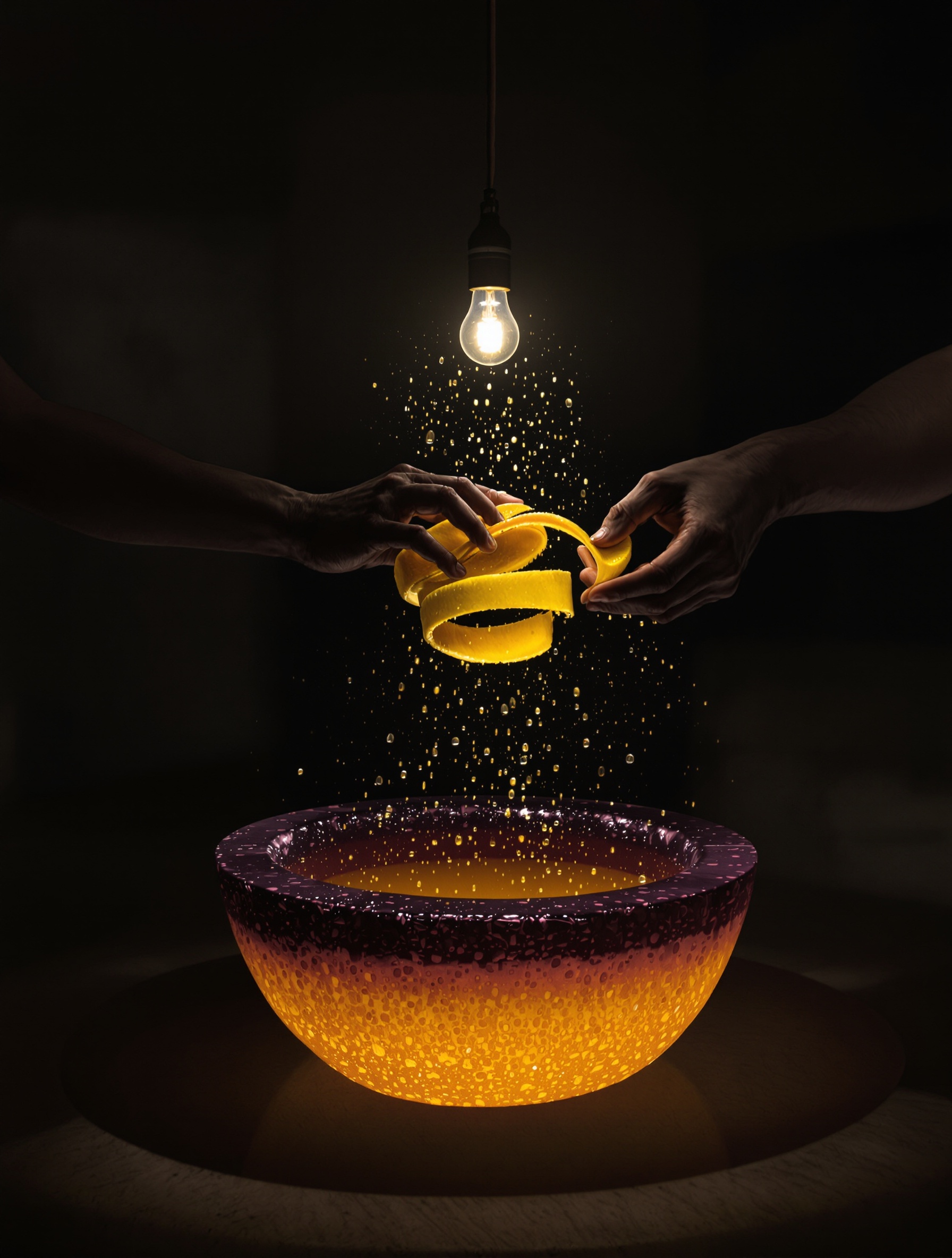Detail material untuk Risvelium: sepasang tangan mengupas grapefruit di atas mangkuk berisi cairan berlapis dari asam hingga amber, semburan minyaknya menangkap cahaya bohlam telanjang di sebuah ruangan beton yang gelap.