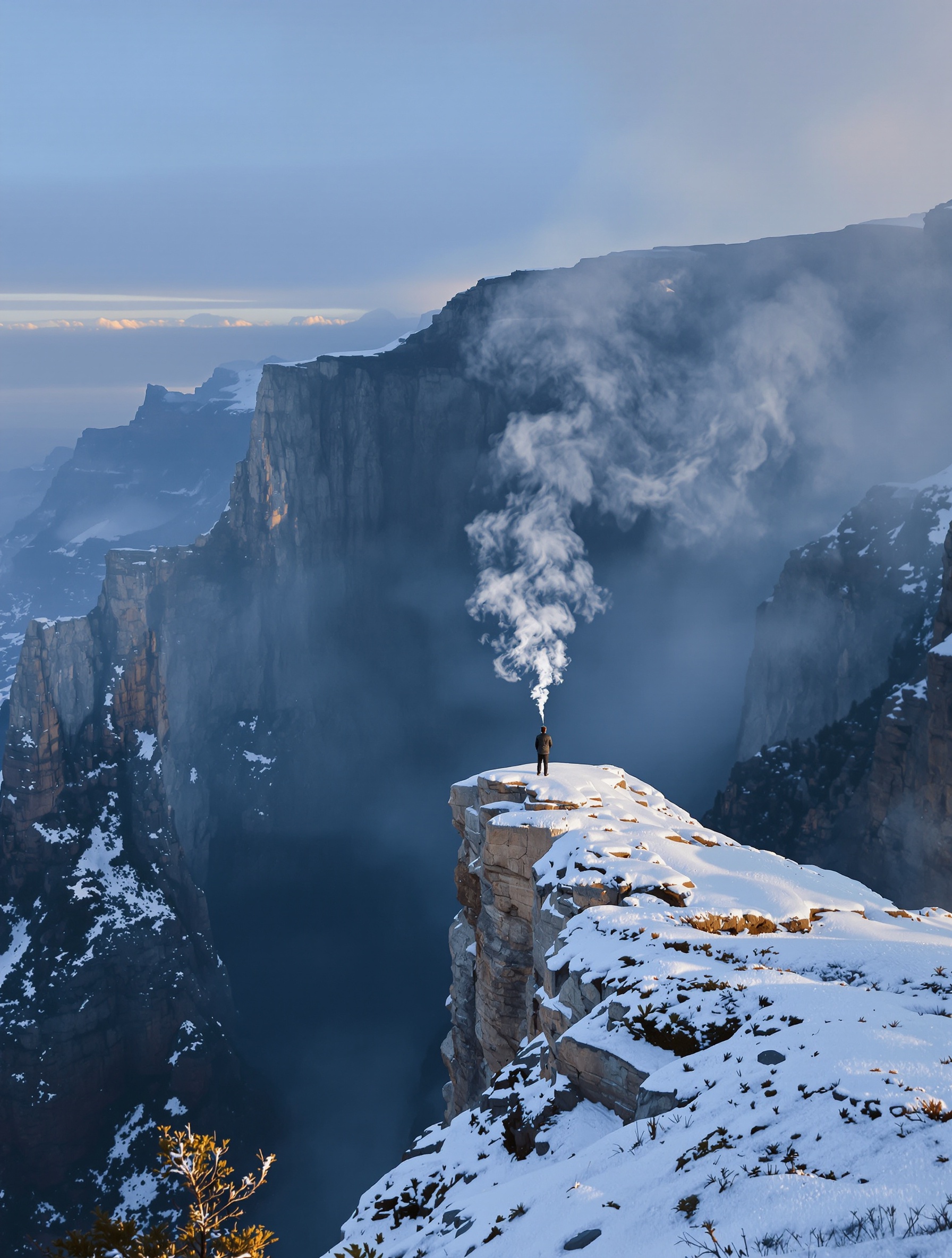 A solitary figure at the precipice of a vast frankincense-smoke-wreathed canyon cliff at pre-dawn, dwarfed by immense limestone walls and a bruised amber sky.