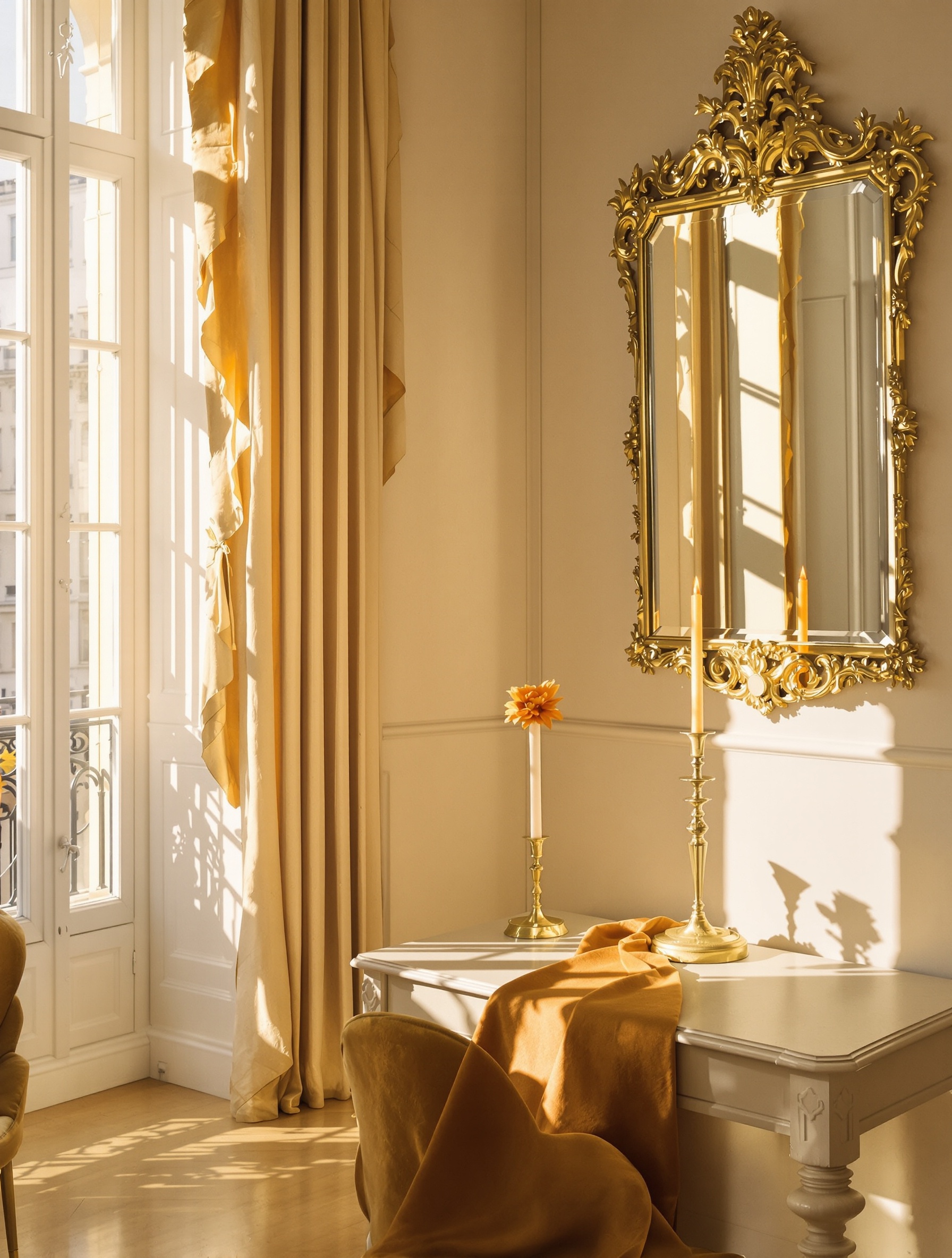 Interior salon Haussmann yang bercahaya, terbenam dalam cahaya sore amber yang hangat, membangkitkan keanggunan sandalwood creamy dari Santal de Paris.