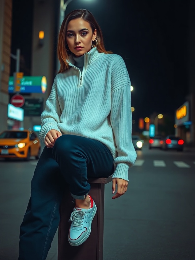 Cream Knit + Baggy Denim