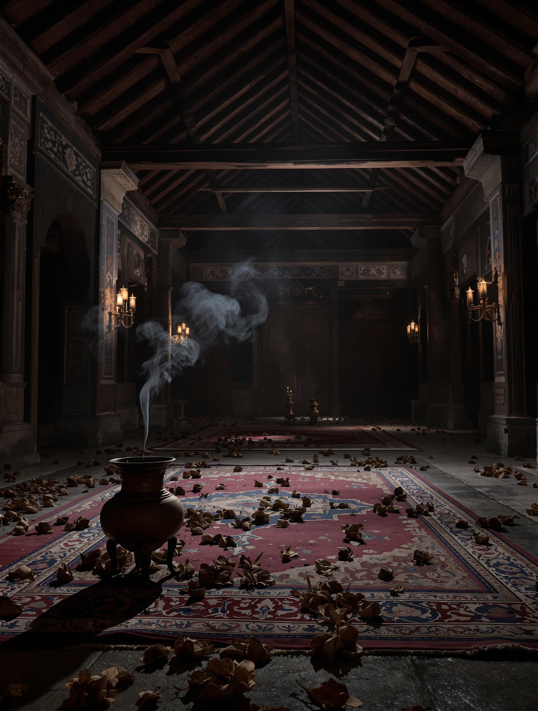 Opuszczona perska sala tronowa spowita chłodnym dymem kadzidła, suszonymi różami i głębokim cieniem oddaje grobową grandeur Prince of Persia.