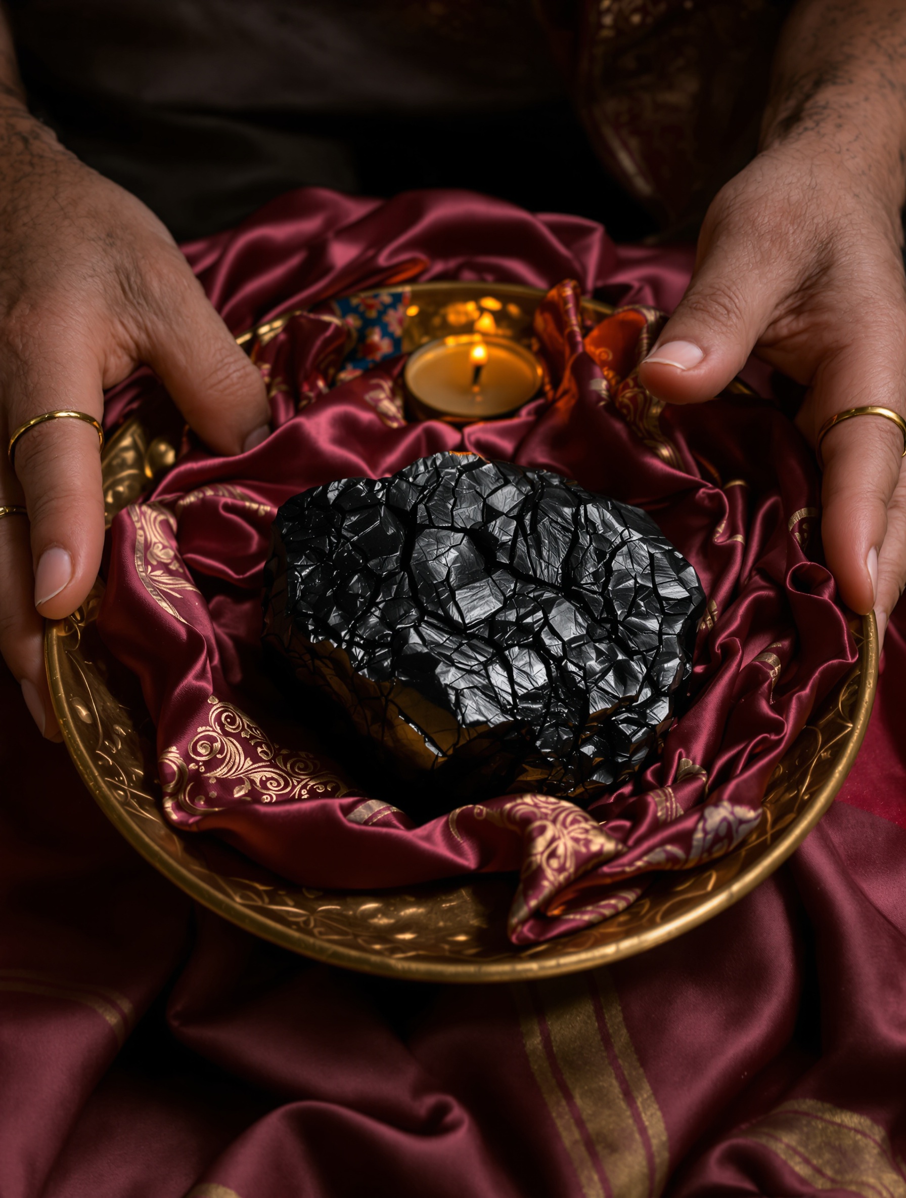 Bryła czarnej żywicy kinam oud spoczywa na starożytnym perskim jedwabiuniczym suwerenna relikwia, stanowiąc materialną duszę Prince of Persia by Lost Tribe.