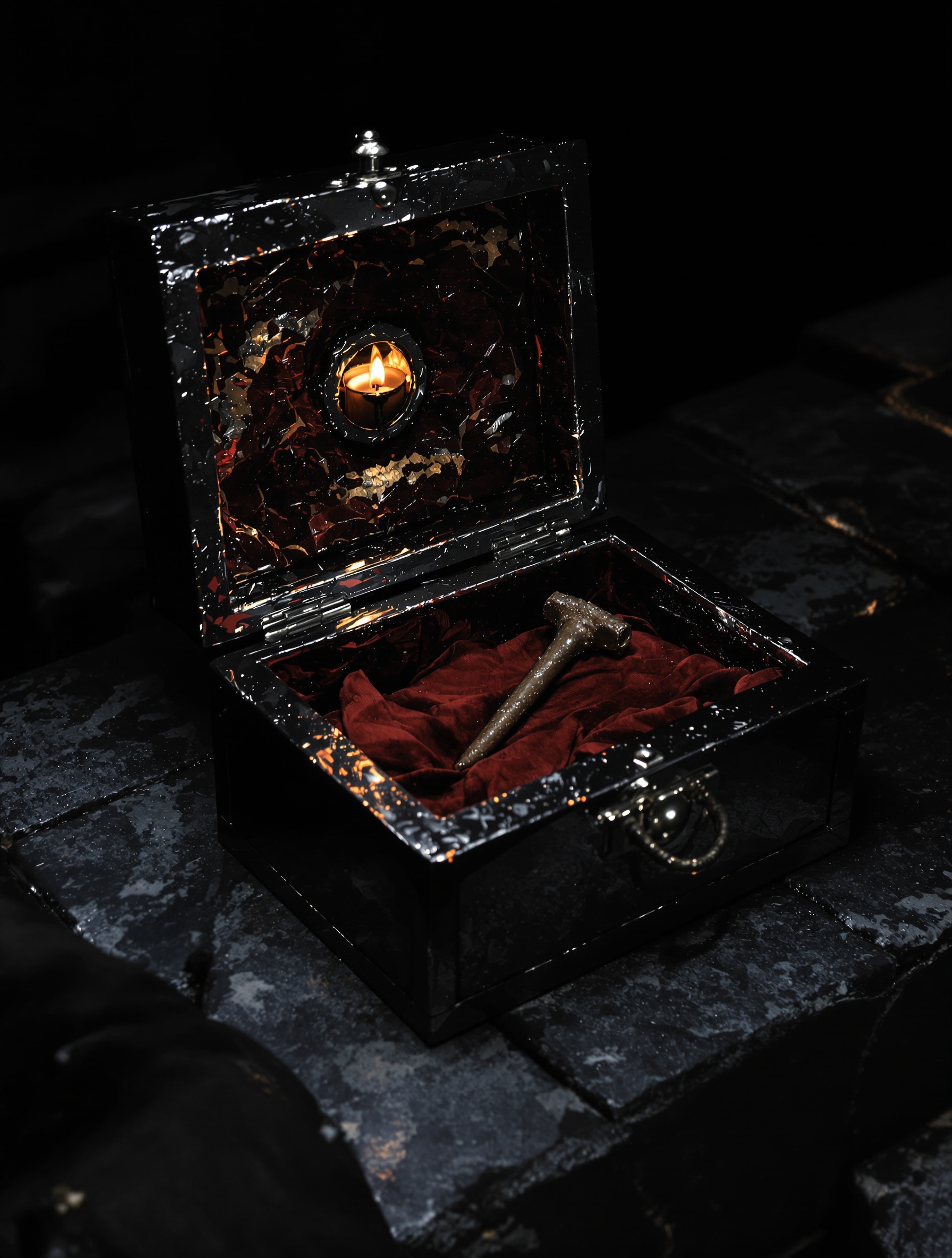 A hand reaching through blackened silver toward a relic nail, evoking Reliqvia by Filippo Sorcinelli.