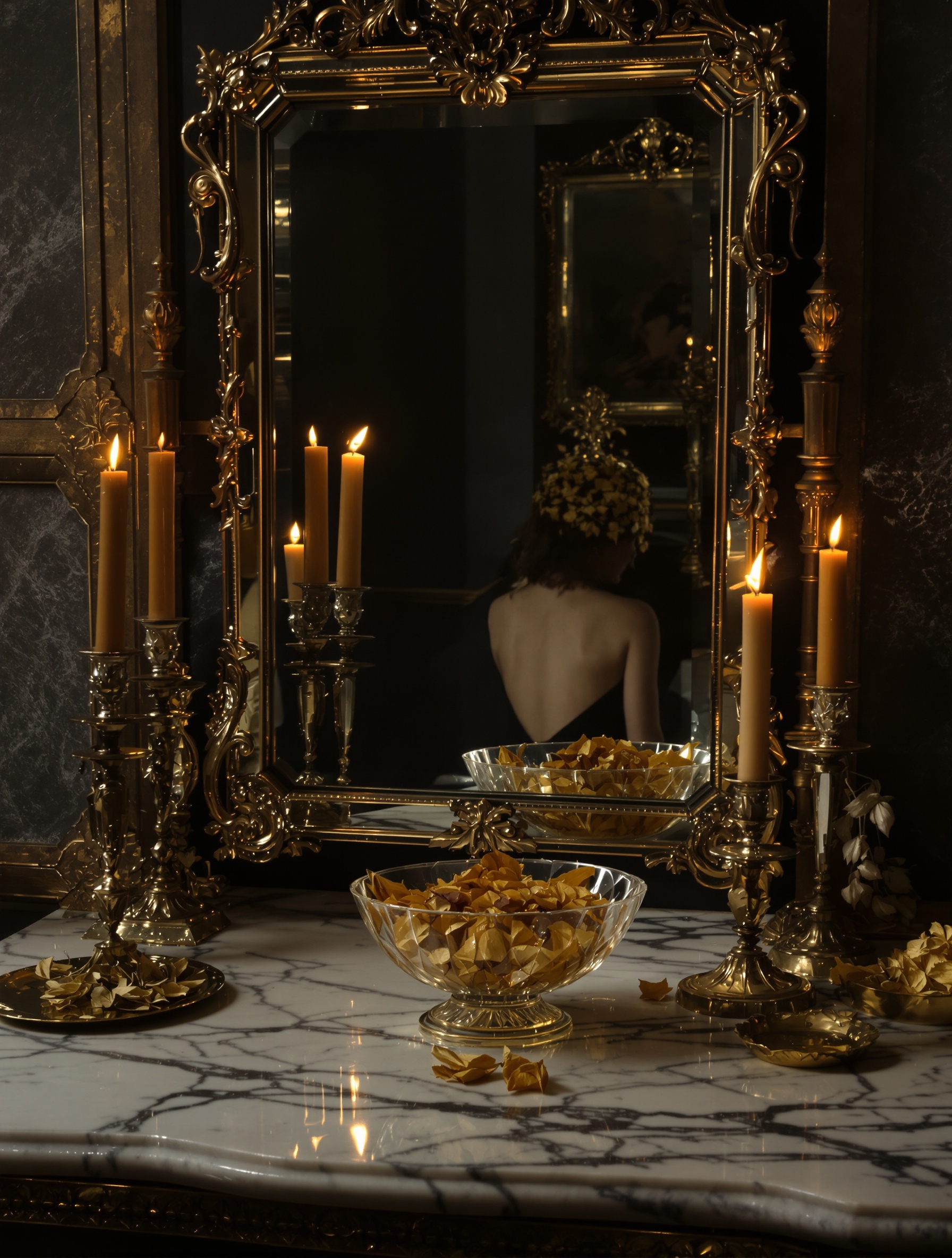 A candlelit Victorian dressing table with foxed mirror and amber resin bowl, evoking Millésime 1849 by Creed.