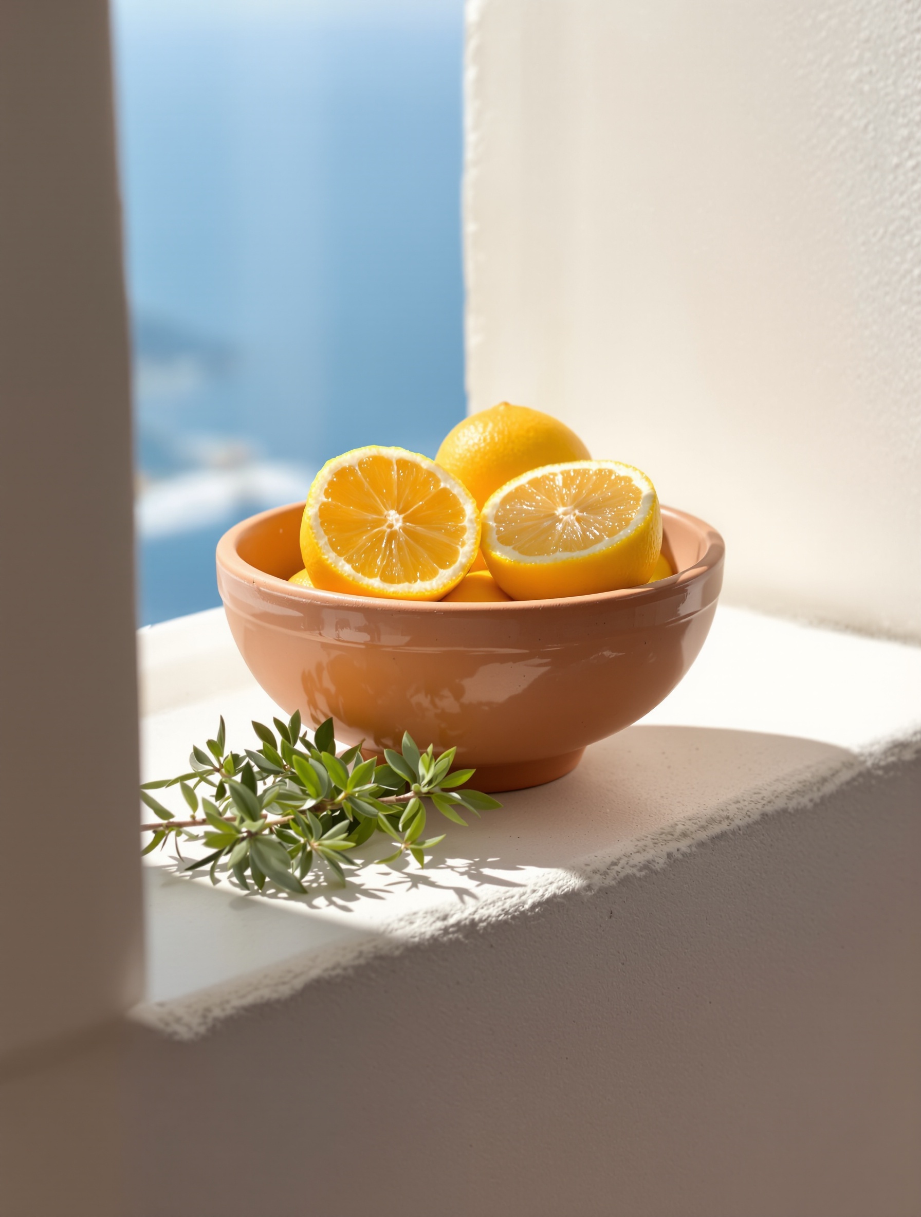 Szorstka terakotowa misa z przepołowionym Bergamot i cytryną na nagrzanym słońcem wapiennym parapecie otwartym na morskie niebo, oddająca materialną istotę Roja Oceania.