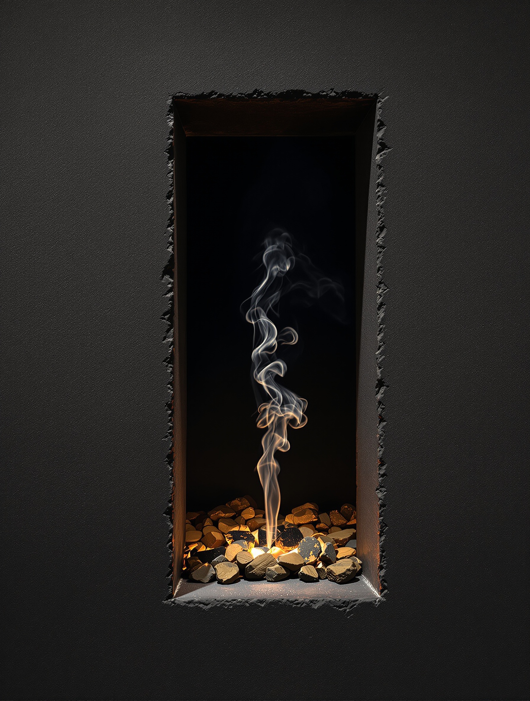 Sacred resin smoke threading through a stone slit window at nightfall inside an ancient Omani chamber, the essence of Amouage Interlude 53's monumental warmth.