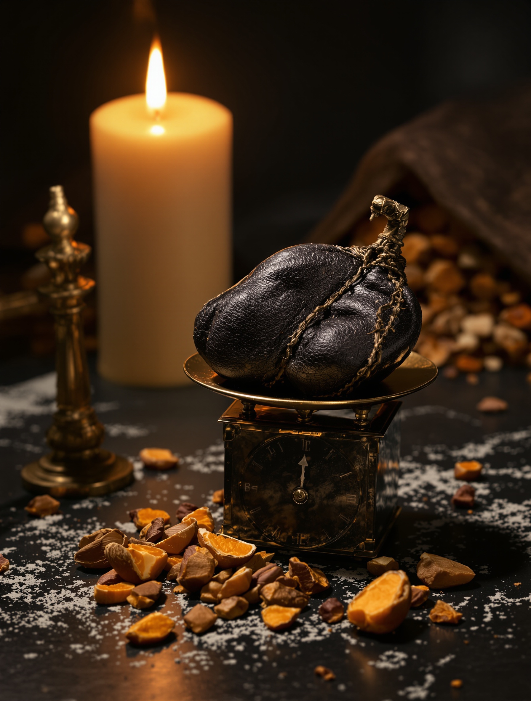 Bahan baku utama Mongolian Musk karya Ensar Oud: sebuah kantung musk berusia satu abad di atas timbangan kuningan dalam cahaya lilin yang temaram.