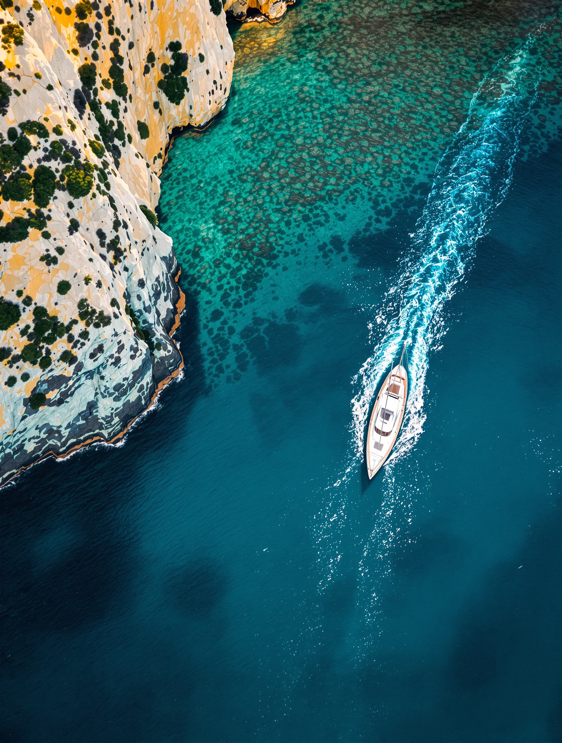 A solitary white ketch moves away from a luminous limestone cove into open turquoise water under raking late-afternoon light, its dissolving wake the only evidence it was ever anchored there.