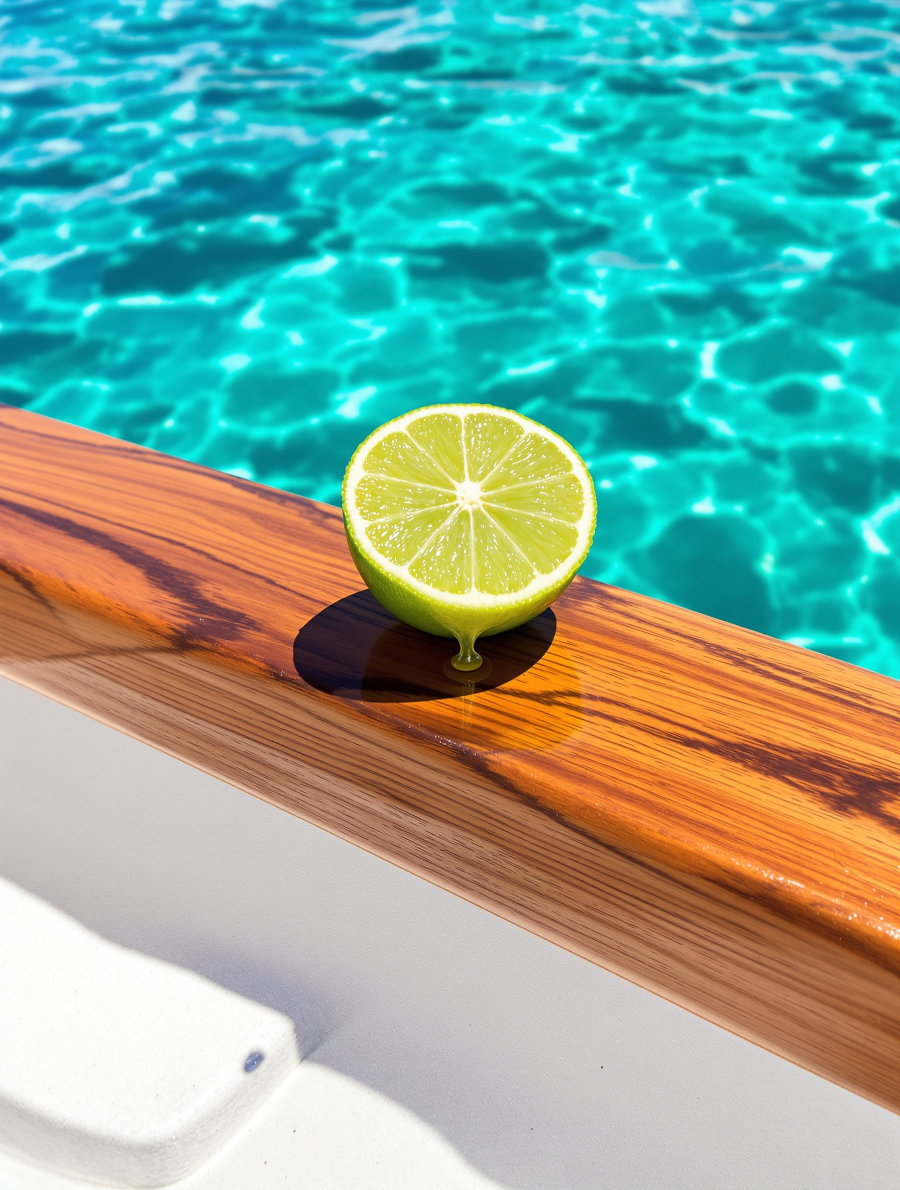 A halved lime resting on a teak bow rail drips juice toward glassy turquoise Caribbean water, a low green island ridge dissolving into bleached noon light on the horizon.