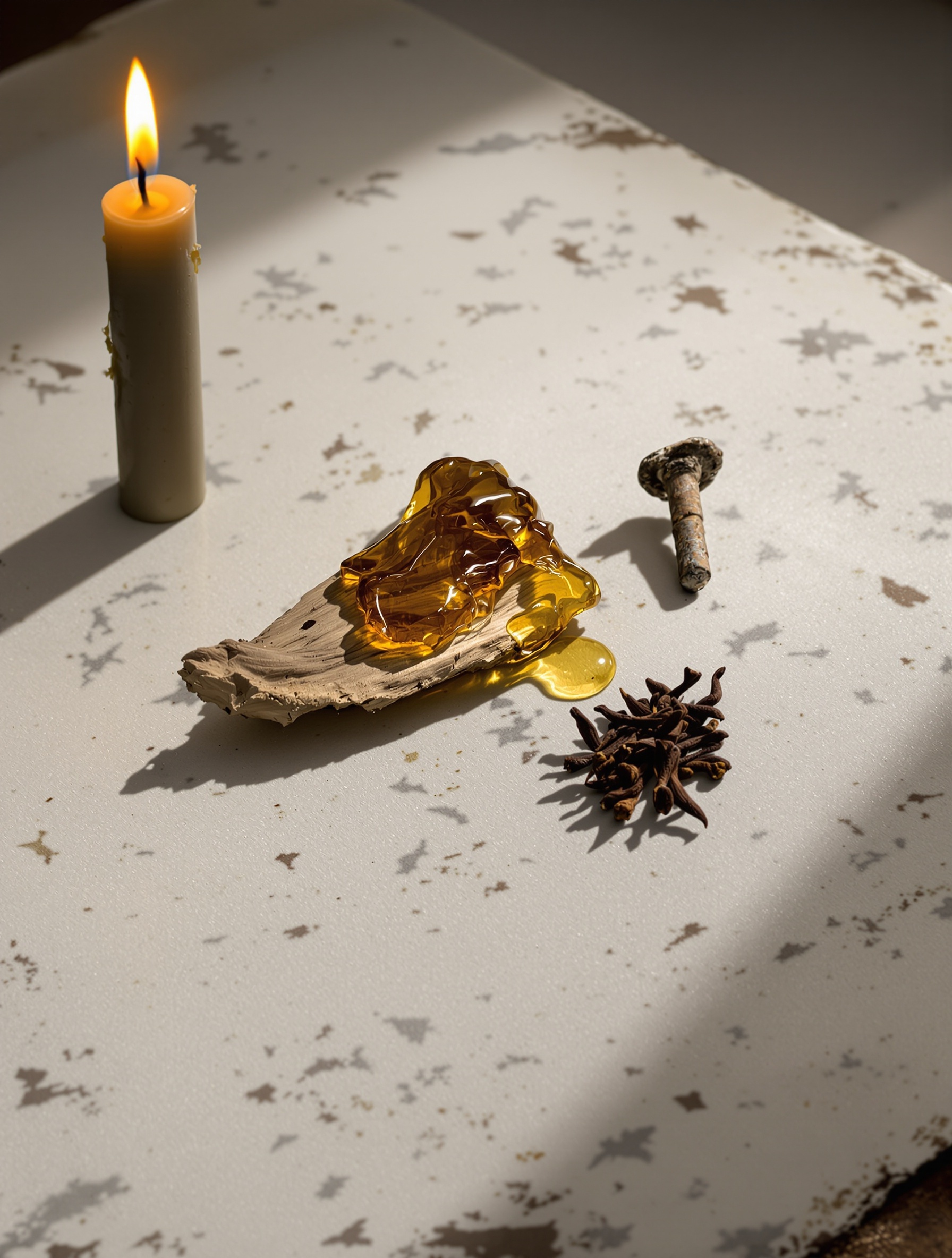 Amber resin, rusted iron nail, and dried cloves on cold stone in candlelight, evoking Reliqvia by Filippo Sorcinelli.