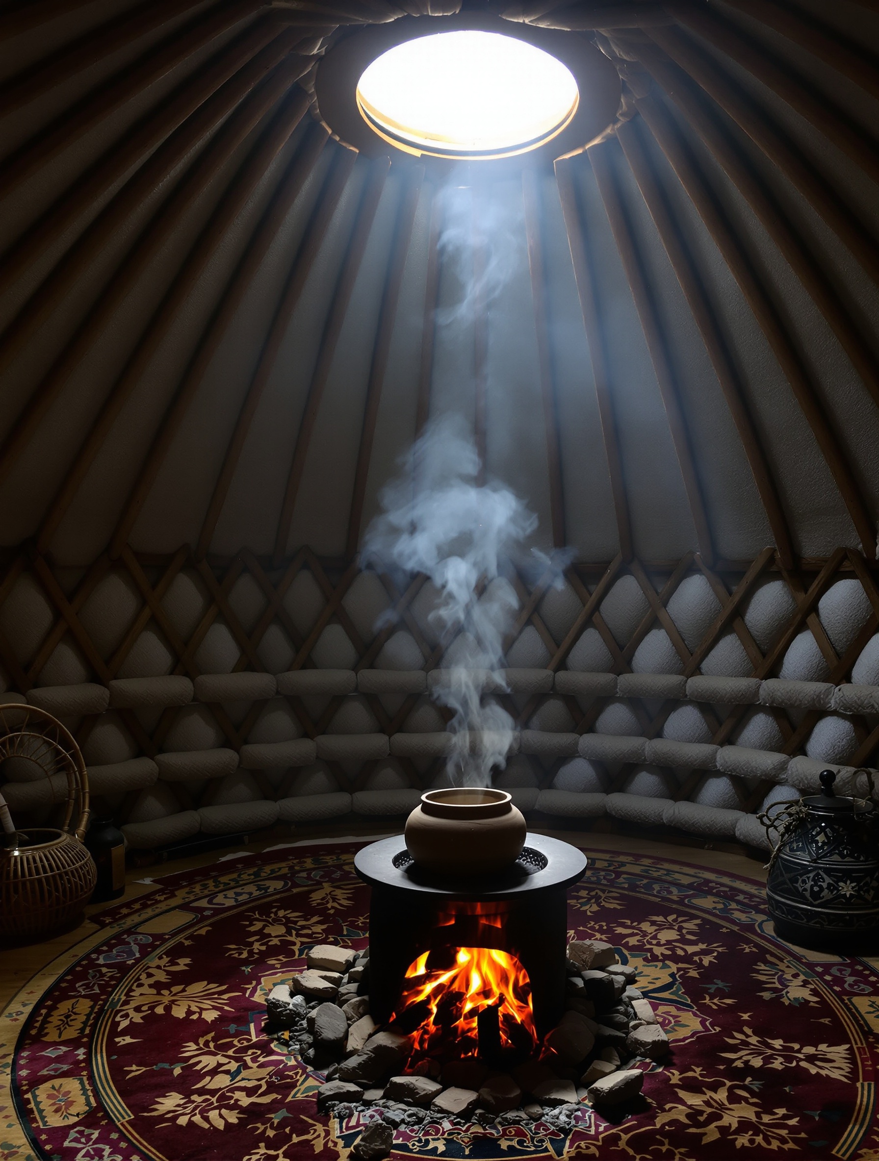 Dunia Mongolian Musk: interior yurt berdinding felt yang menghembuskan ratusan tahun asap, kehangatan hewani, dan teh fermentasi.