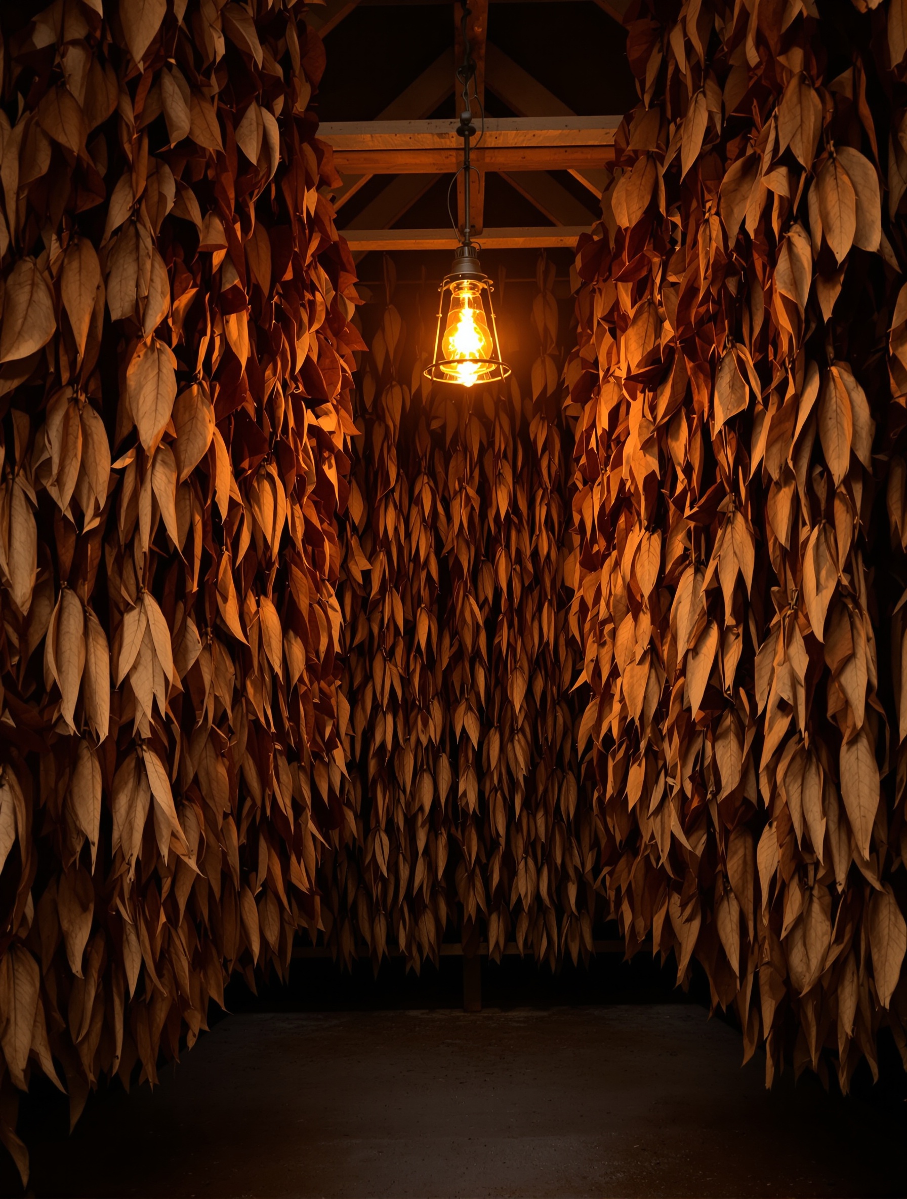 Interior gudang pengering tembakau yang diterangi satu lentera amber untuk Folkwinds Crimson and Clover.