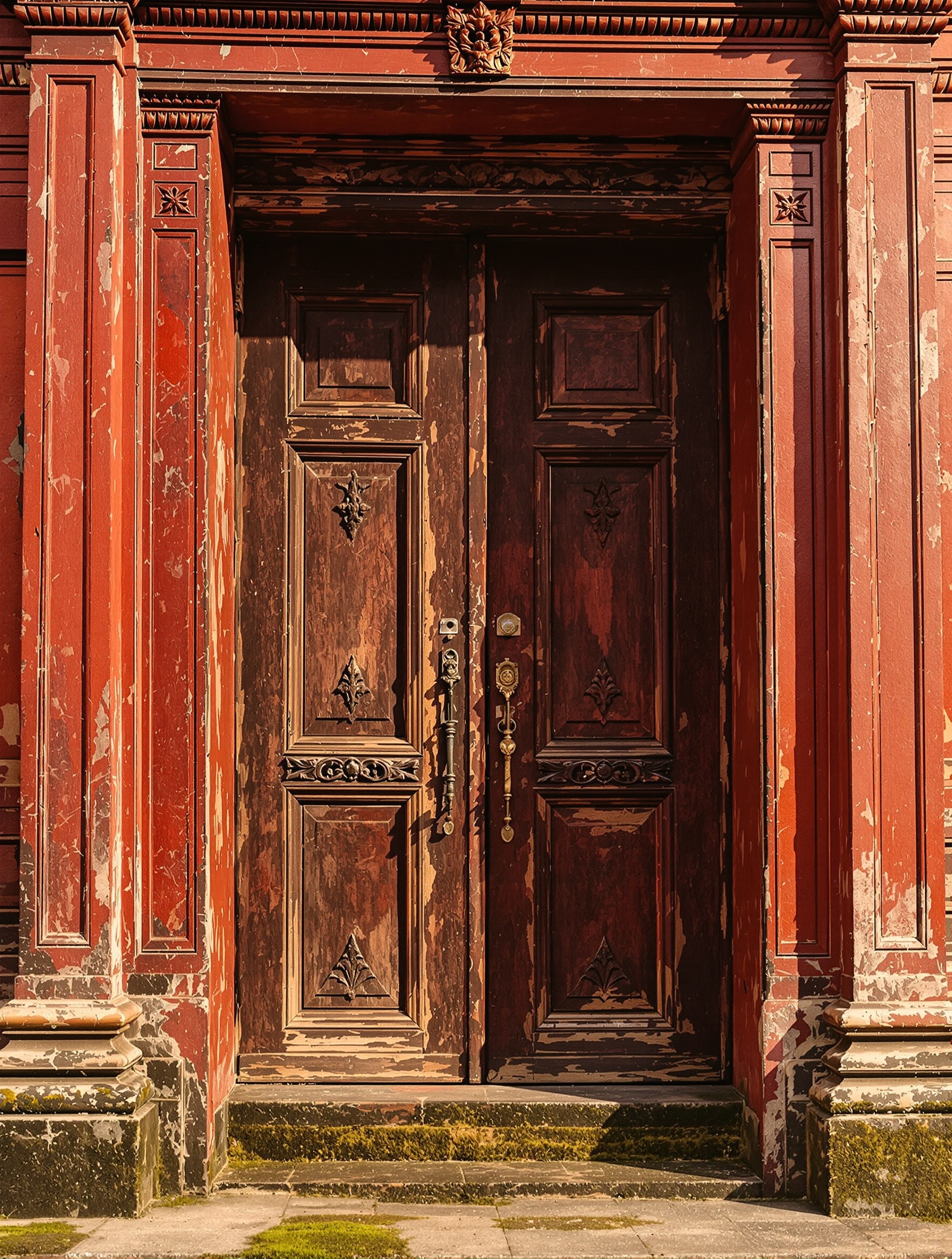 A peeling red lacquer temple door opening into darkness, the hero image of El Khaldi Crimson Cambodia.