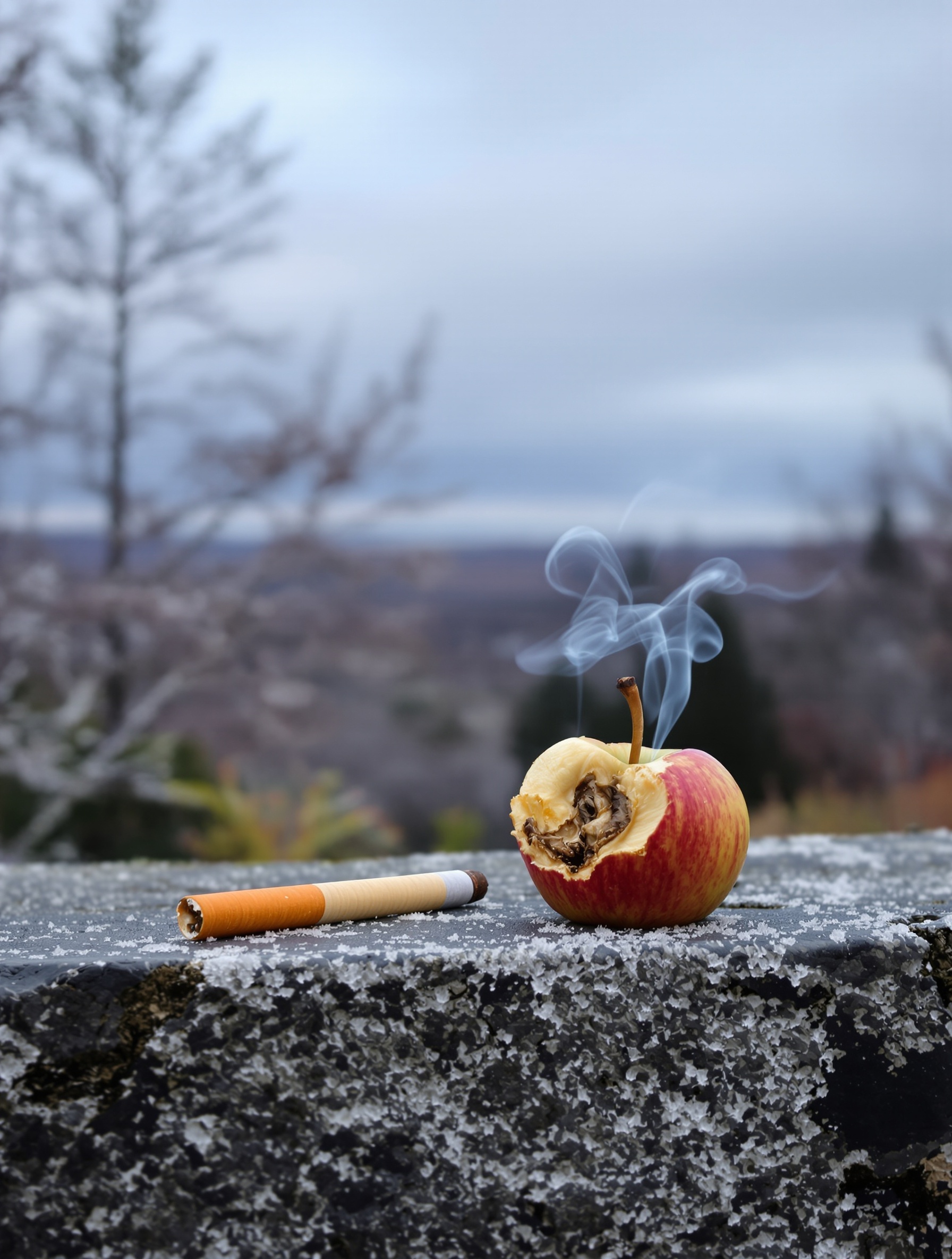 Apel liar yang mulai kecokelatan dan asap rokok membara di atas dinding granit dingin untuk Folkwinds Crimson and Clover.