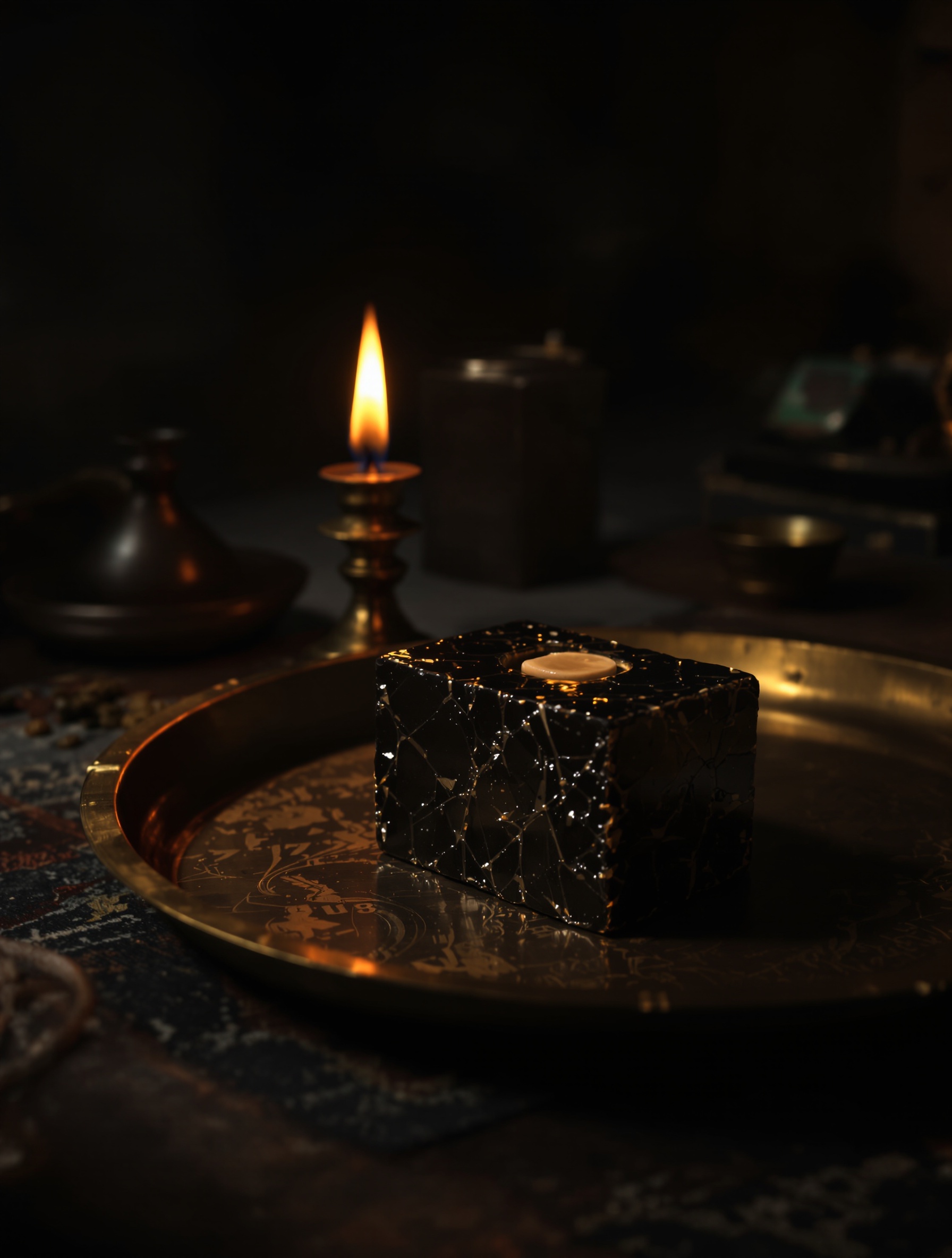 The defining material of Black Afgano by Nasomatto: a dark pressed resin block on a brass tray under a single amber flame.